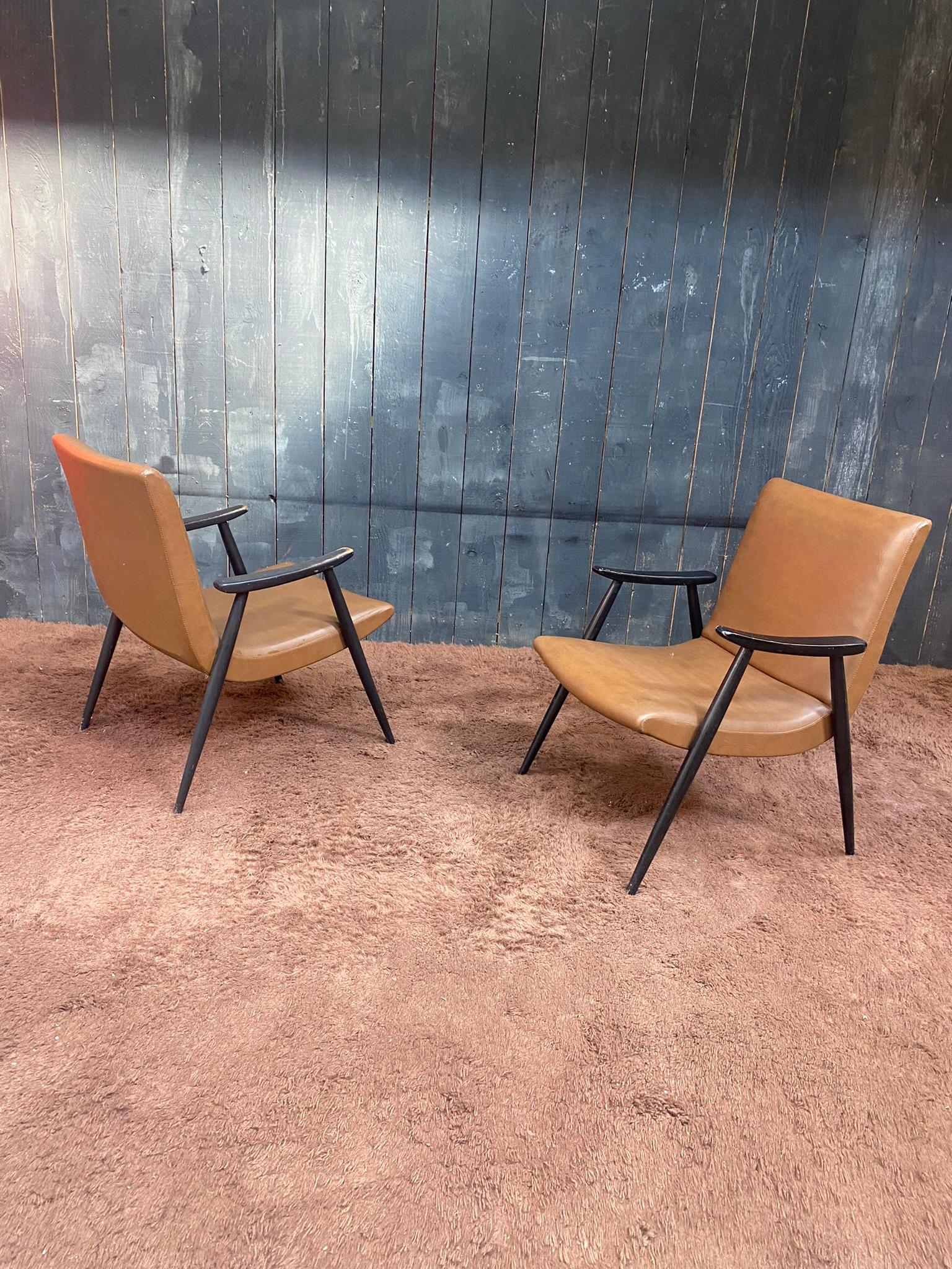 Mid-Century Modern Pair of French Reconstruction Armchair, circa 1960 For Sale