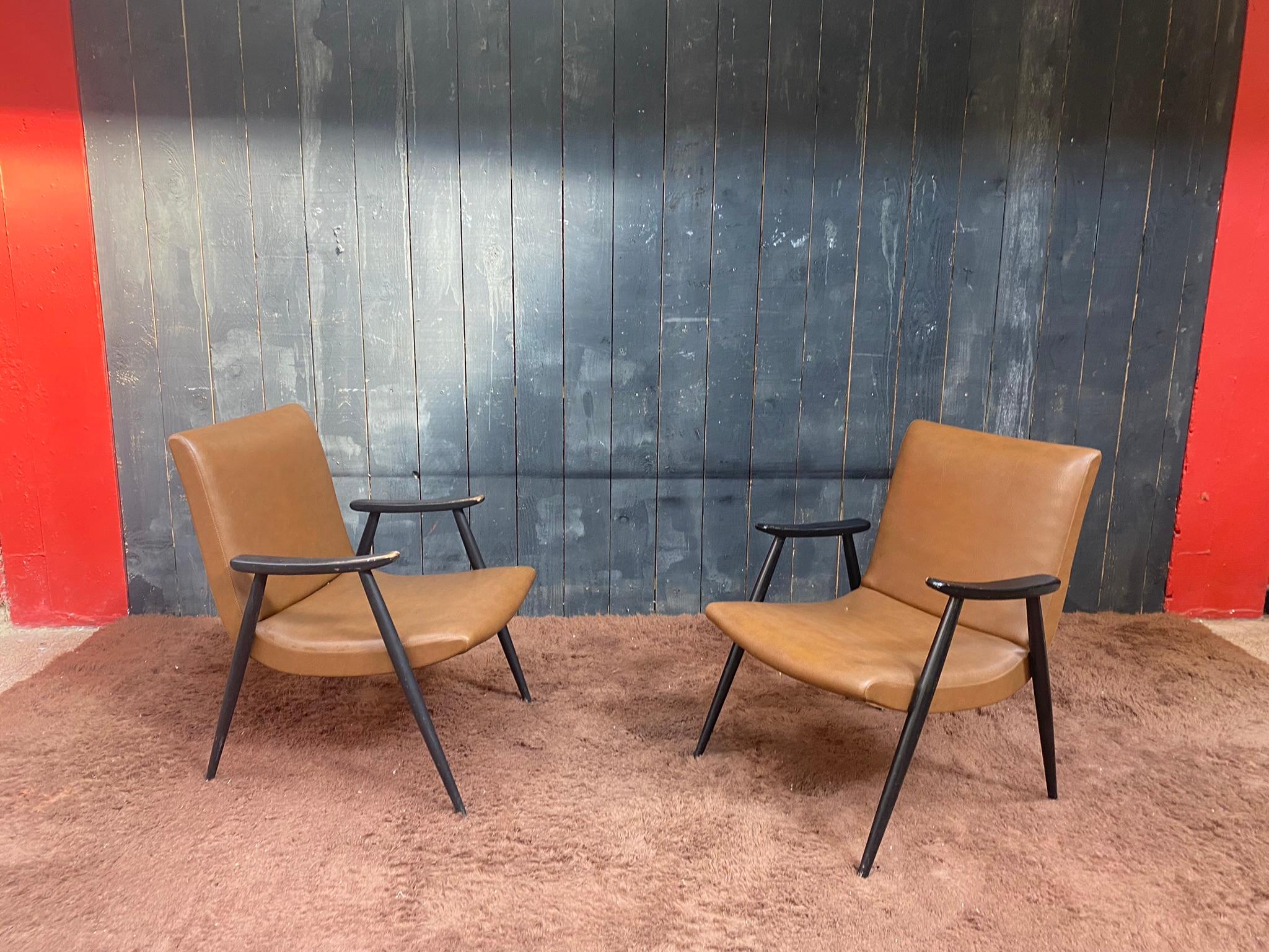 Blackened Pair of French Reconstruction Armchair, circa 1960 For Sale