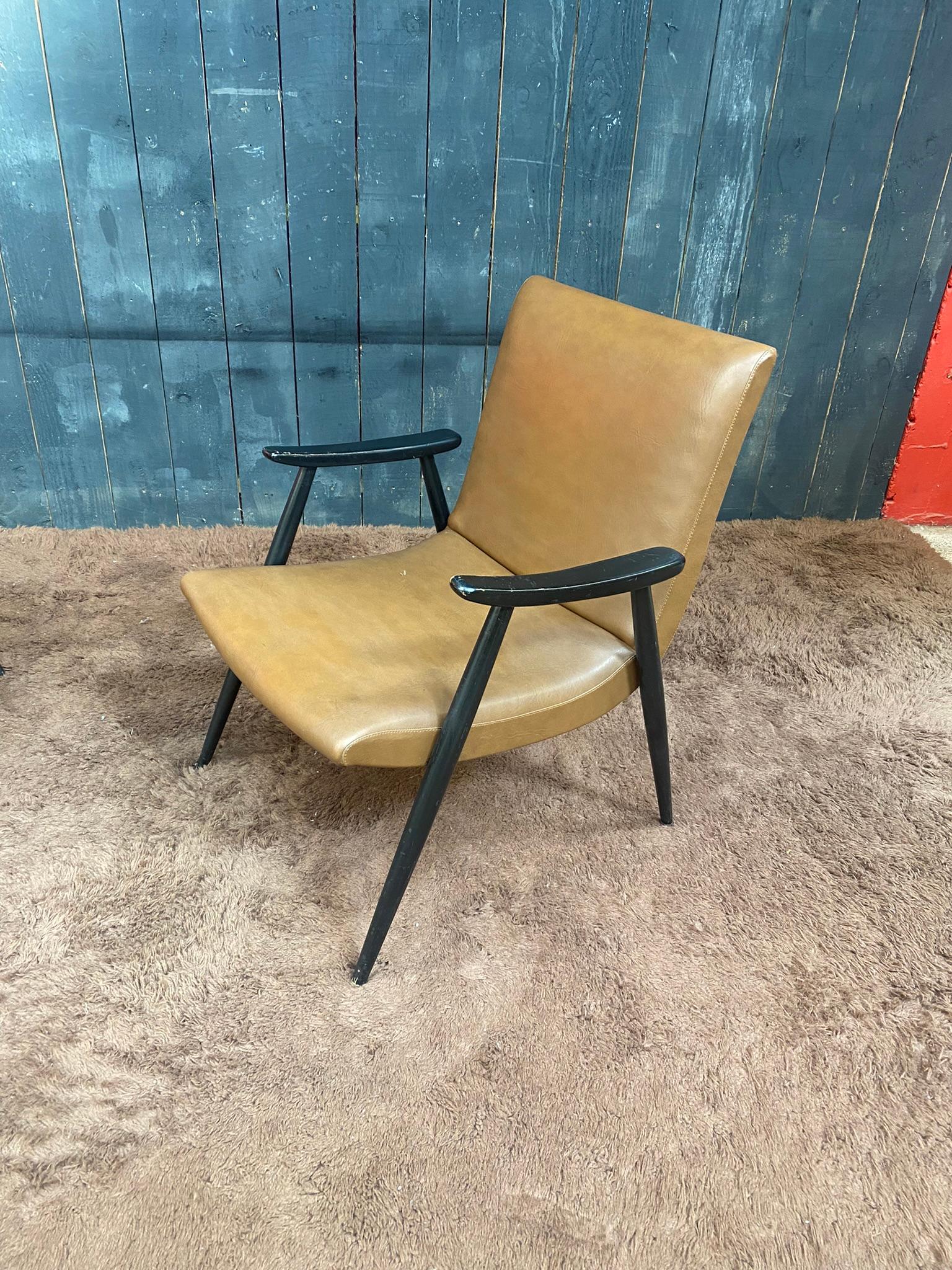 Faux Leather Pair of French Reconstruction Armchair, circa 1960 For Sale