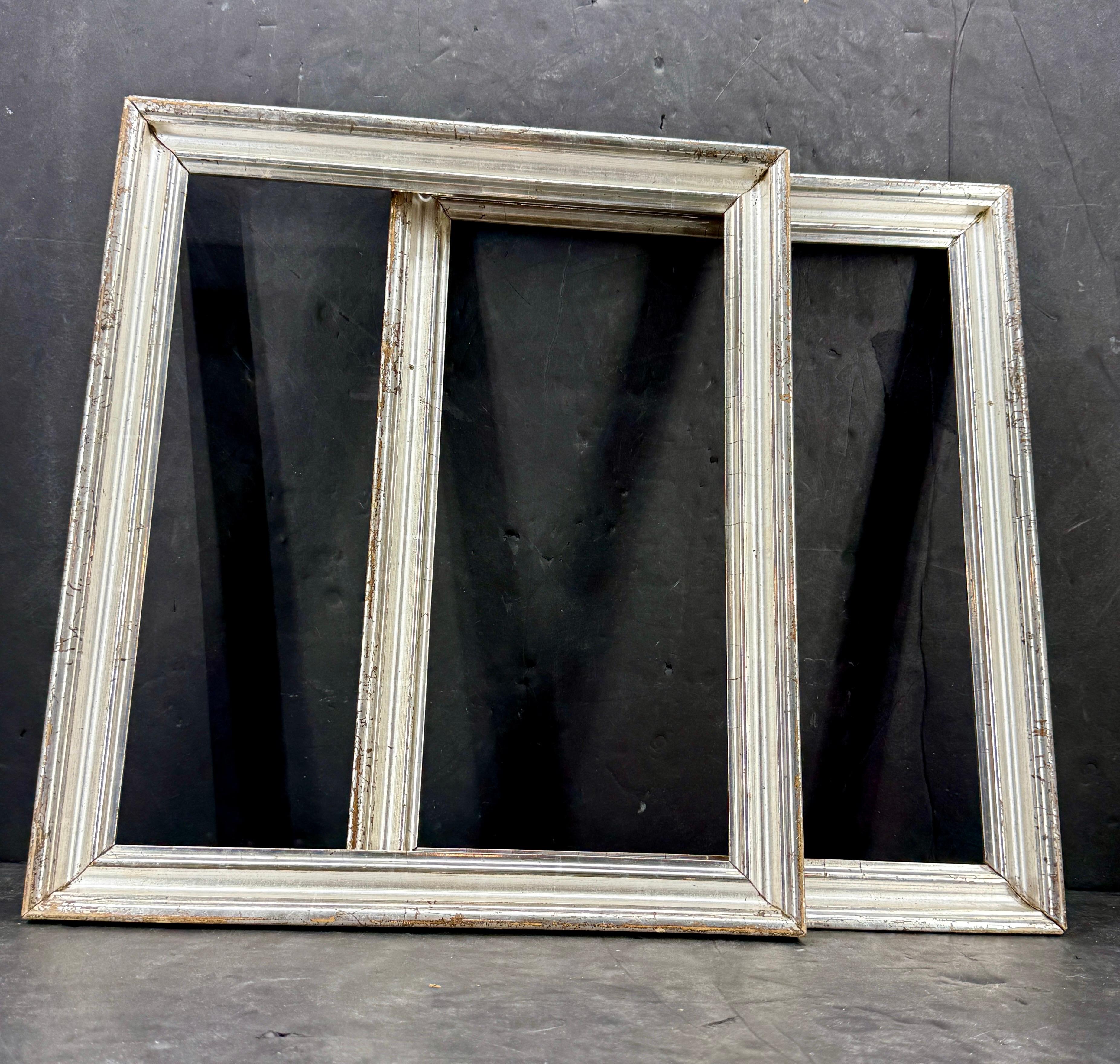 Empire Pair of French Rectangular Silver Leaf Gilt Wood Art Frames For Sale