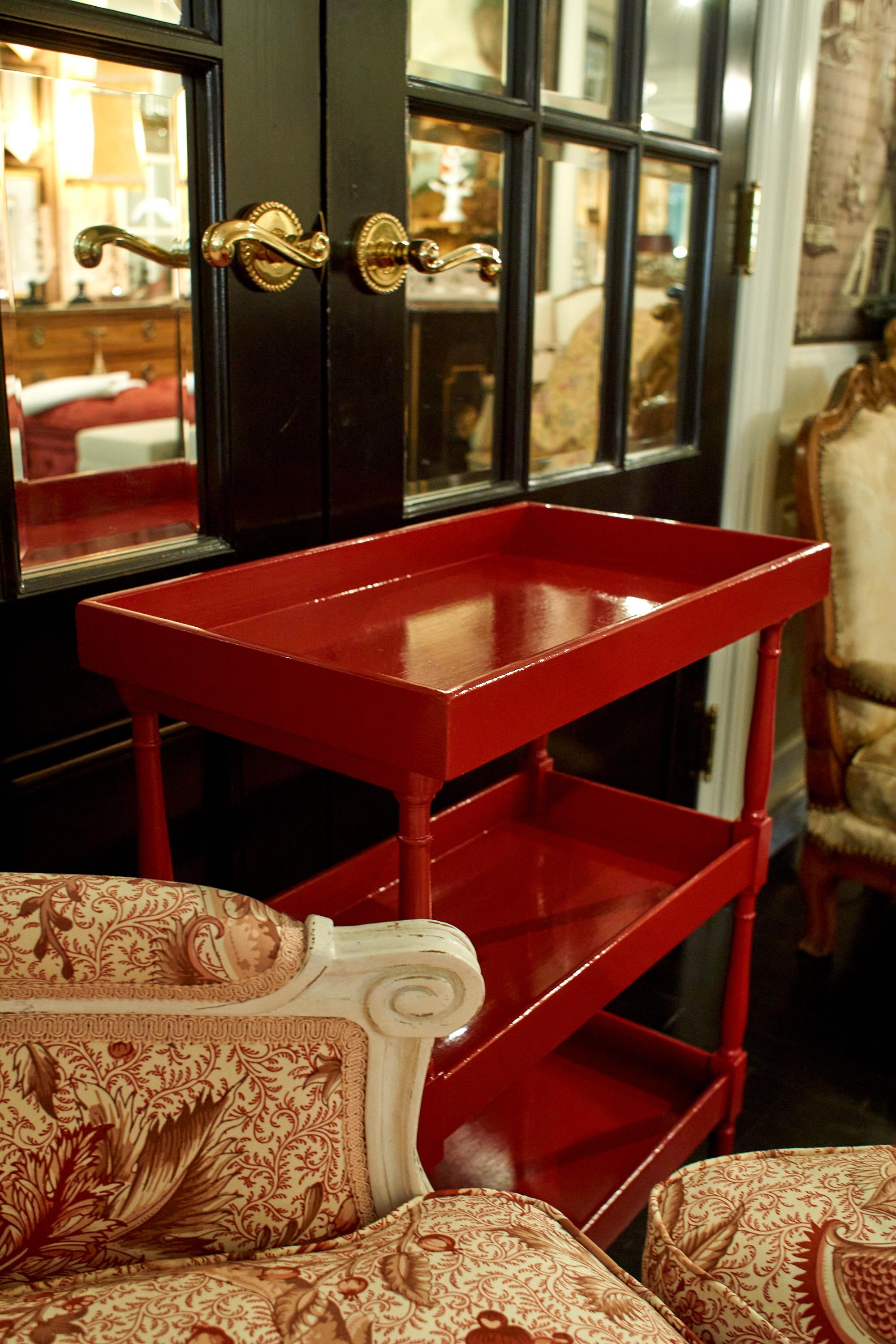 Pair of French Red Lacquered Tiered Tray Tables 11