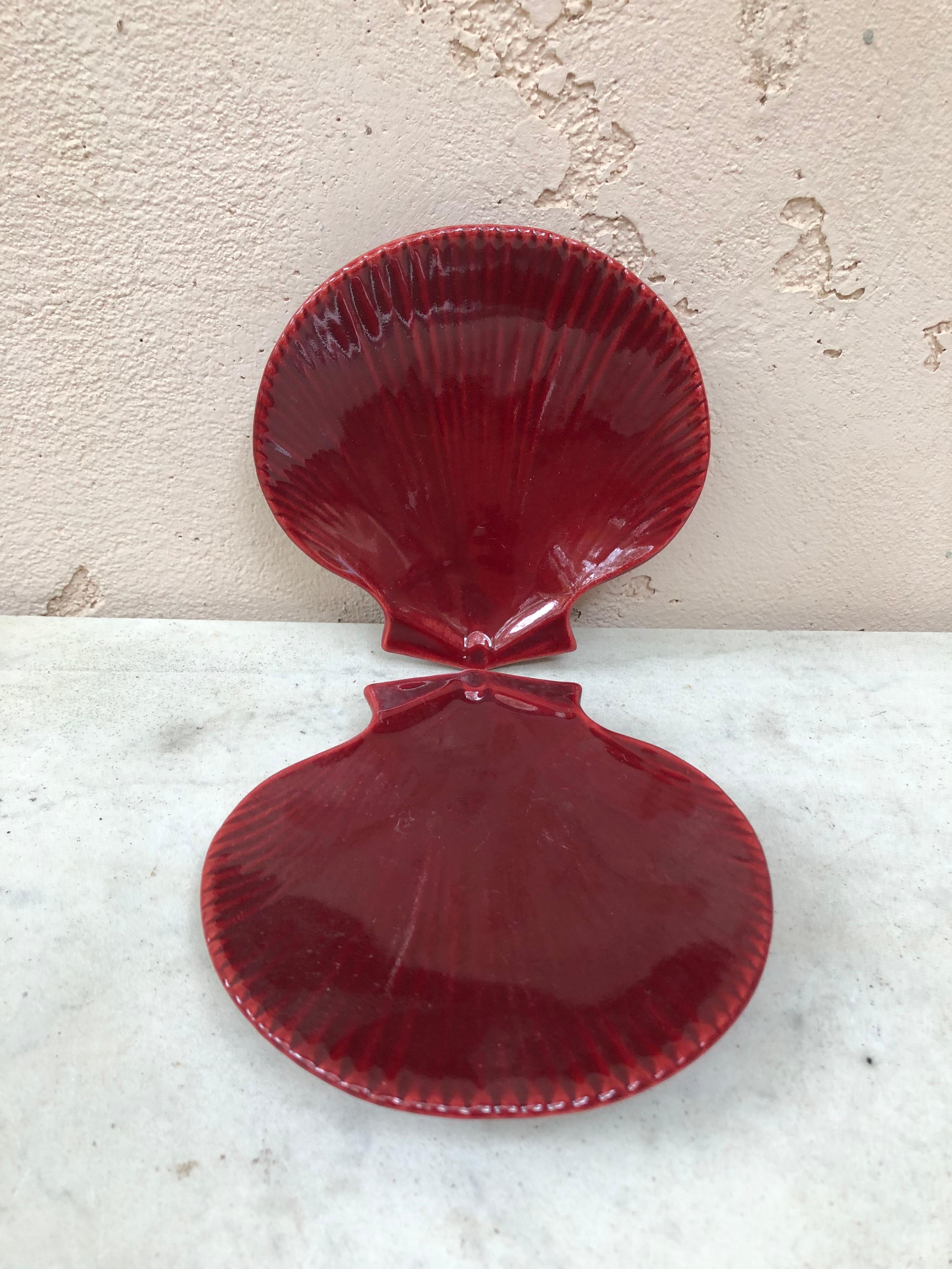 Pair of French red Majolica shells dishes Vallauris Circa 1950.