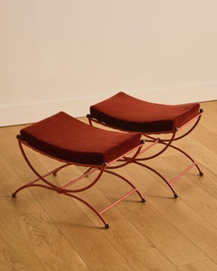 Pair of French Red Painted Steel Stools With Burgundy Mohair Seats