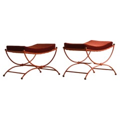 Pair of French Red Painted Steel Stools With Burgundy Mohair Seats Pair of French Red Painted Steel Stools With Burgundy Mohair Seats