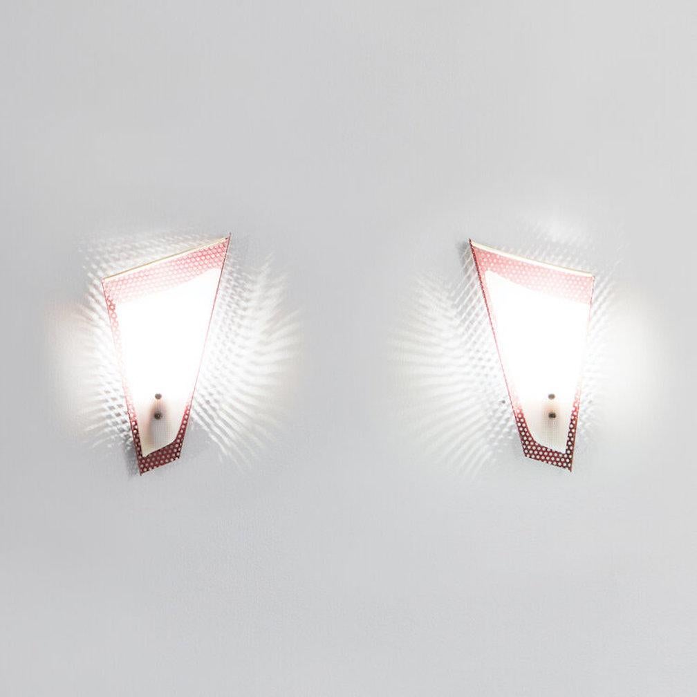 Mid-Century Modern Pair of French Red Perforated Metal Sconces in the Style of Jacques Biny, 1950s For Sale