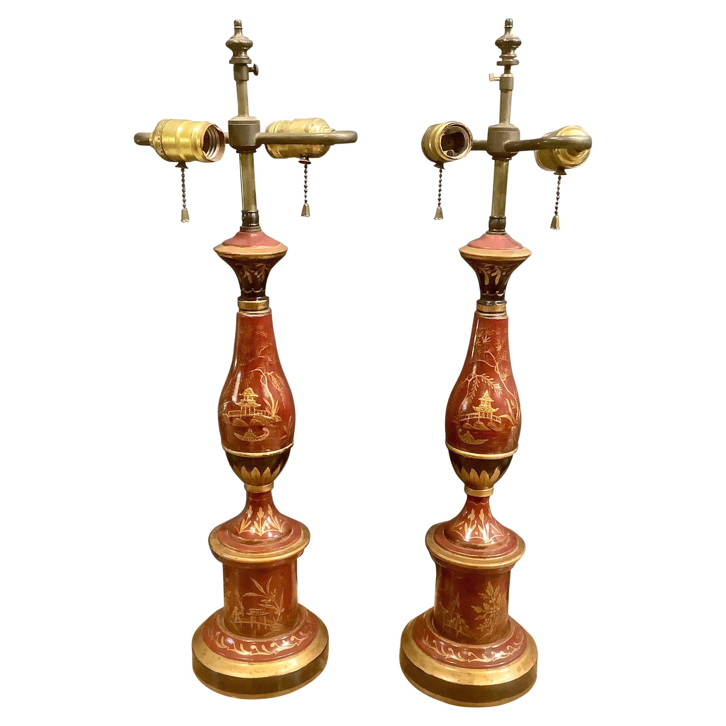 Pair of French Red Toleware Chinoiserie Lamps