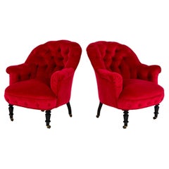 Pair of French Red Velvet Button Back Armchairs