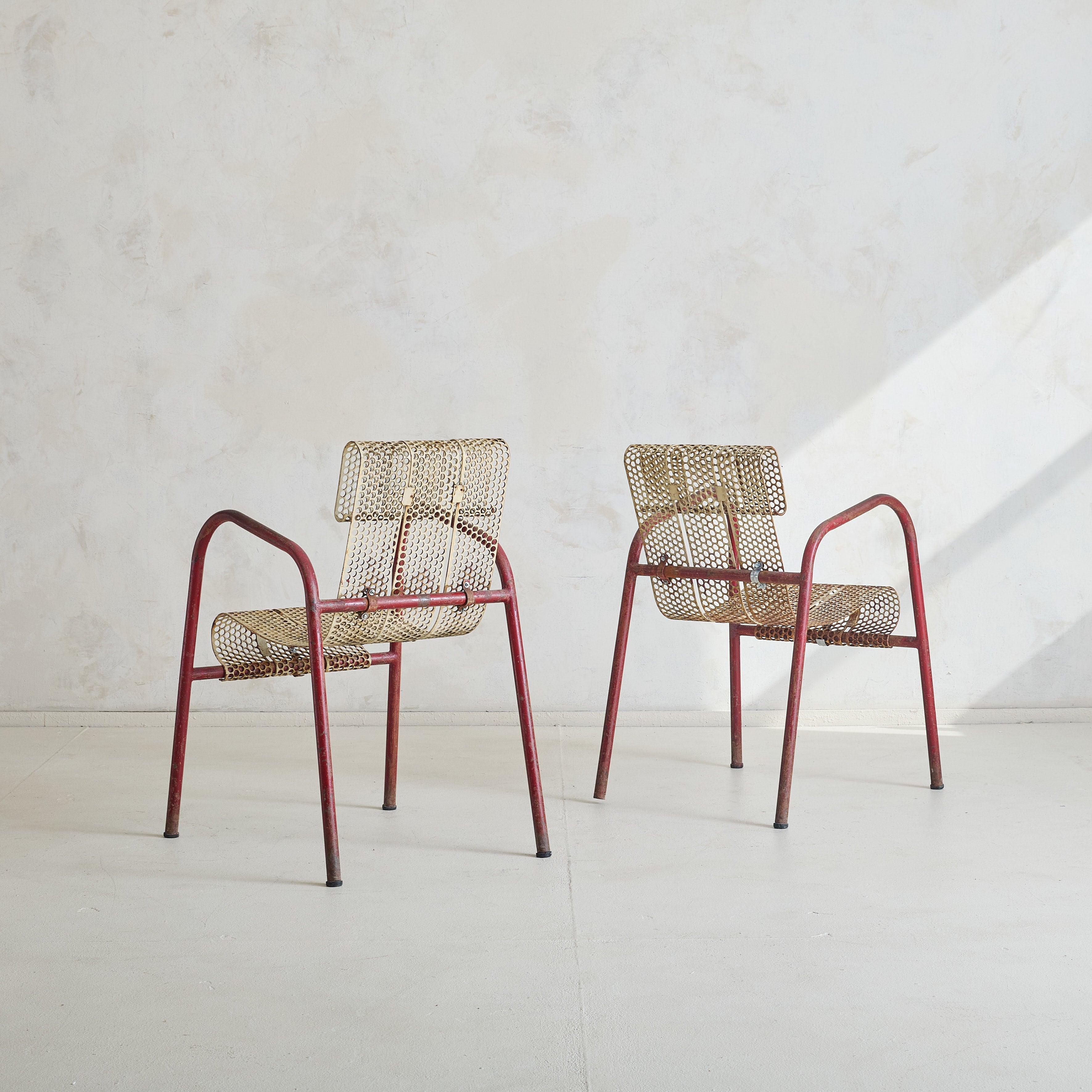 Modern Pair of French Red + White Metal Chairs by Claude Adrien for M.A.M, 1950s For Sale