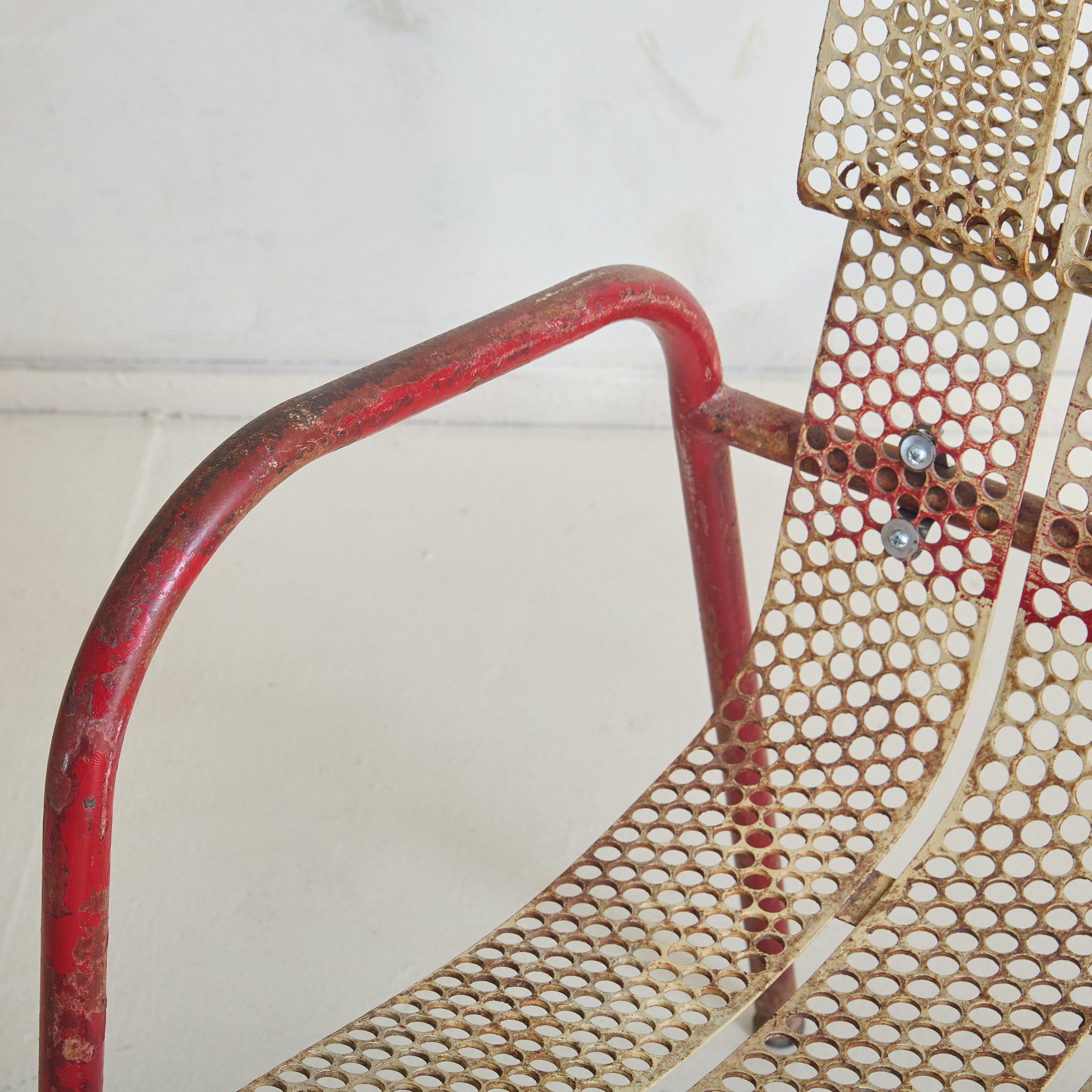 Mid-20th Century Pair of French Red + White Metal Chairs by Claude Adrien for M.A.M, 1950s For Sale