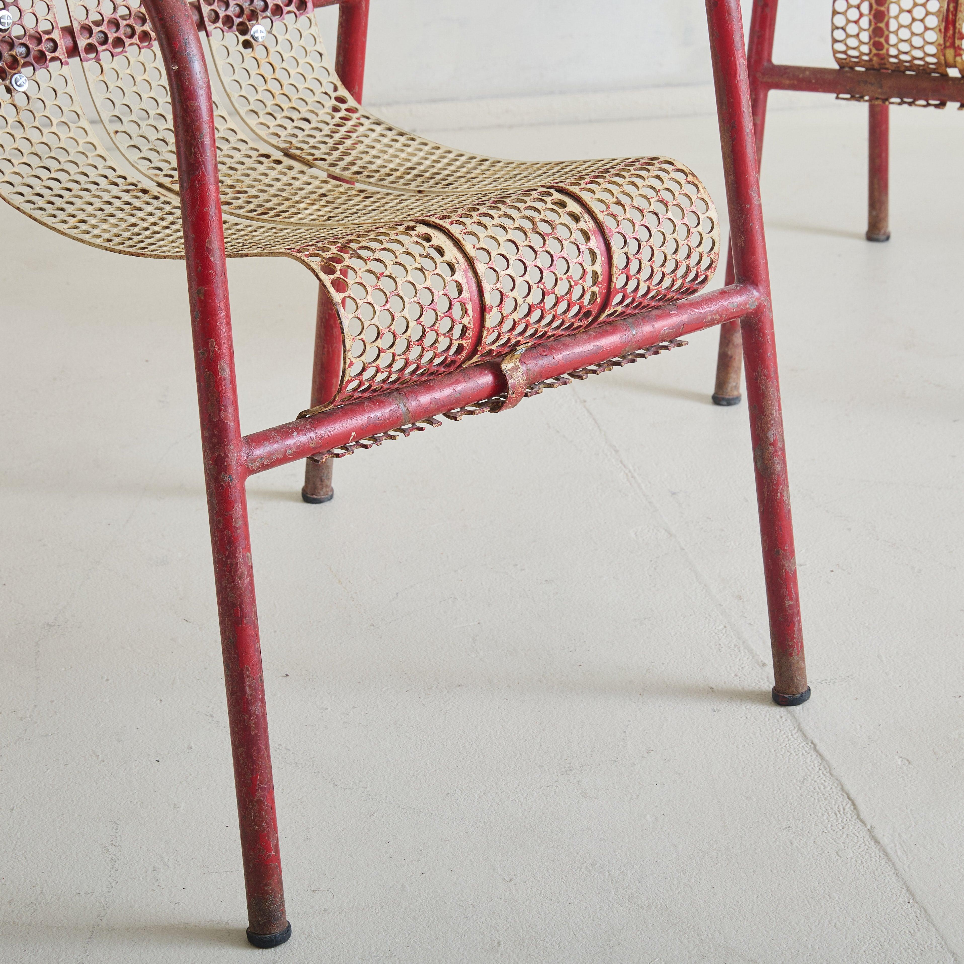 Pair of French Red + White Metal Chairs by Claude Adrien for M.A.M, 1950s For Sale 1
