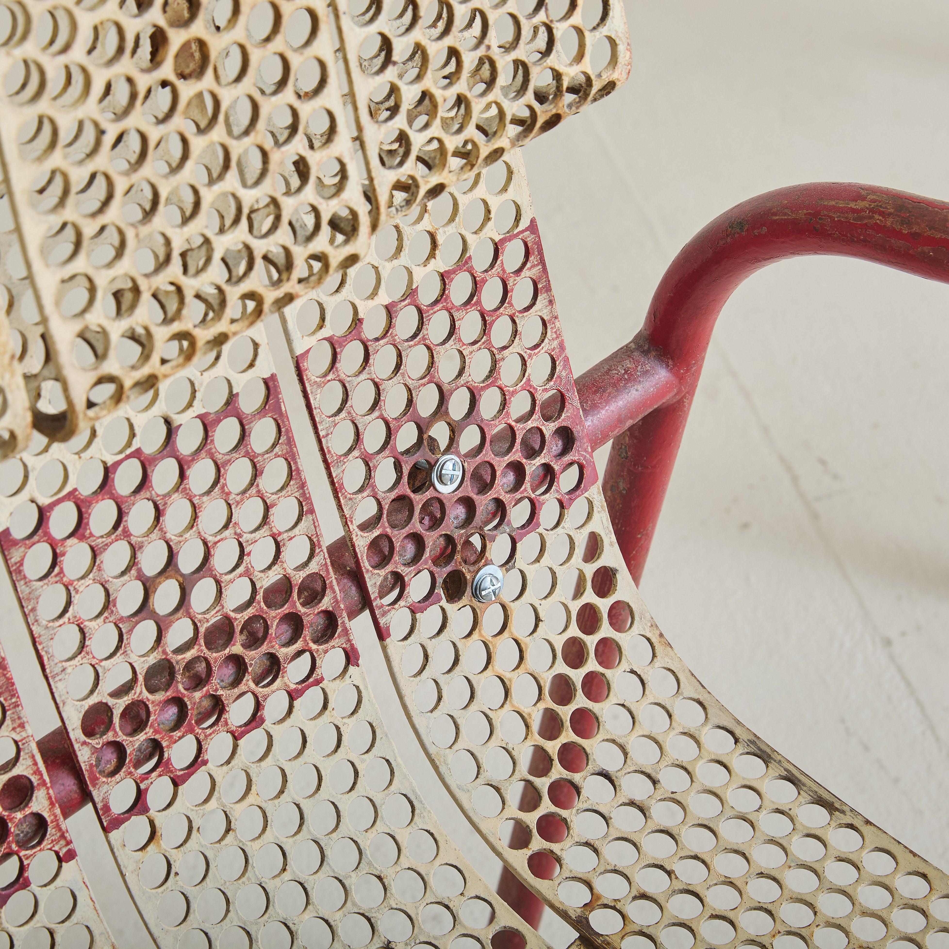 Pair of French Red + White Metal Chairs by Claude Adrien for M.A.M, 1950s For Sale 2