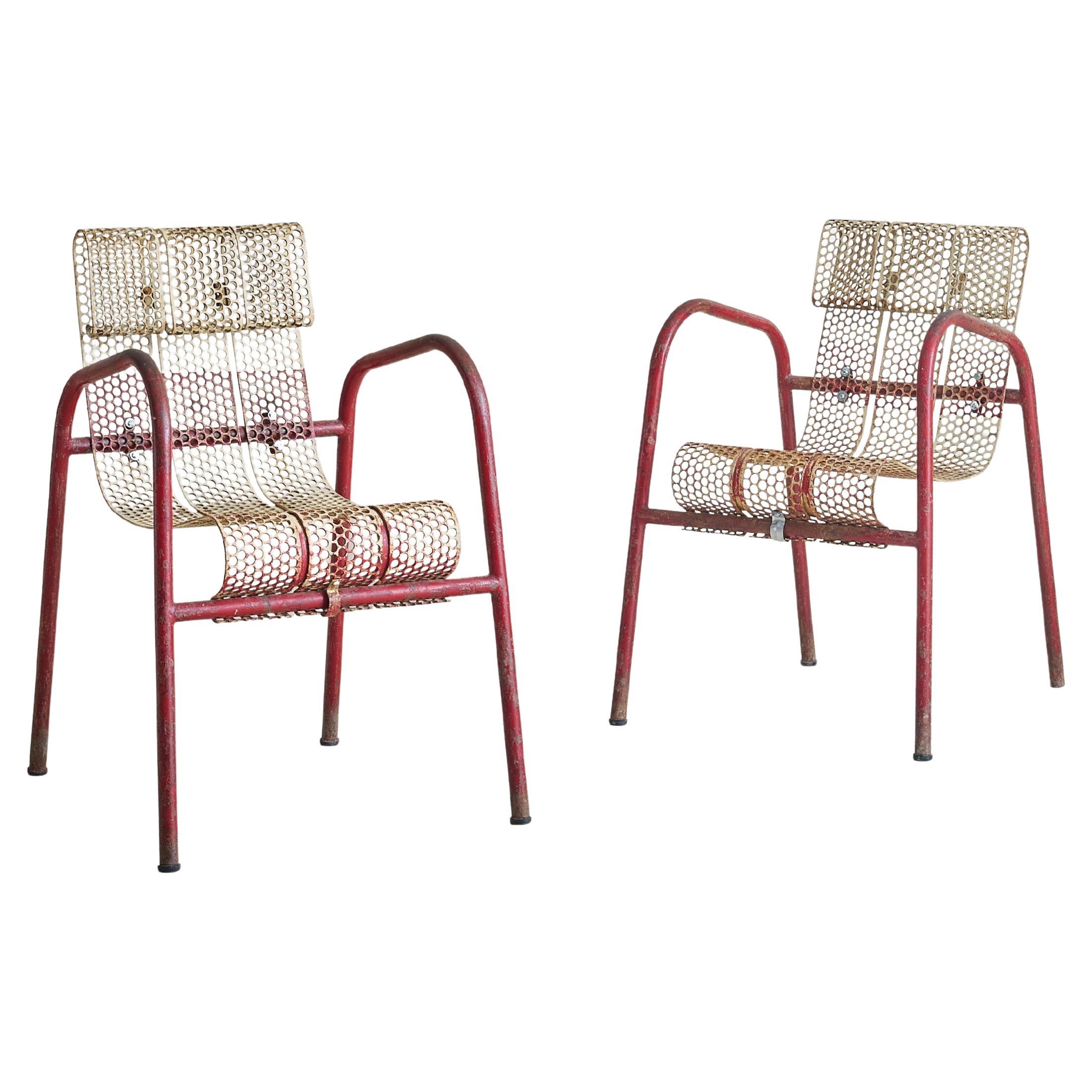 Pair of French Red + White Metal Chairs by Claude Adrien for M.A.M, 1950s