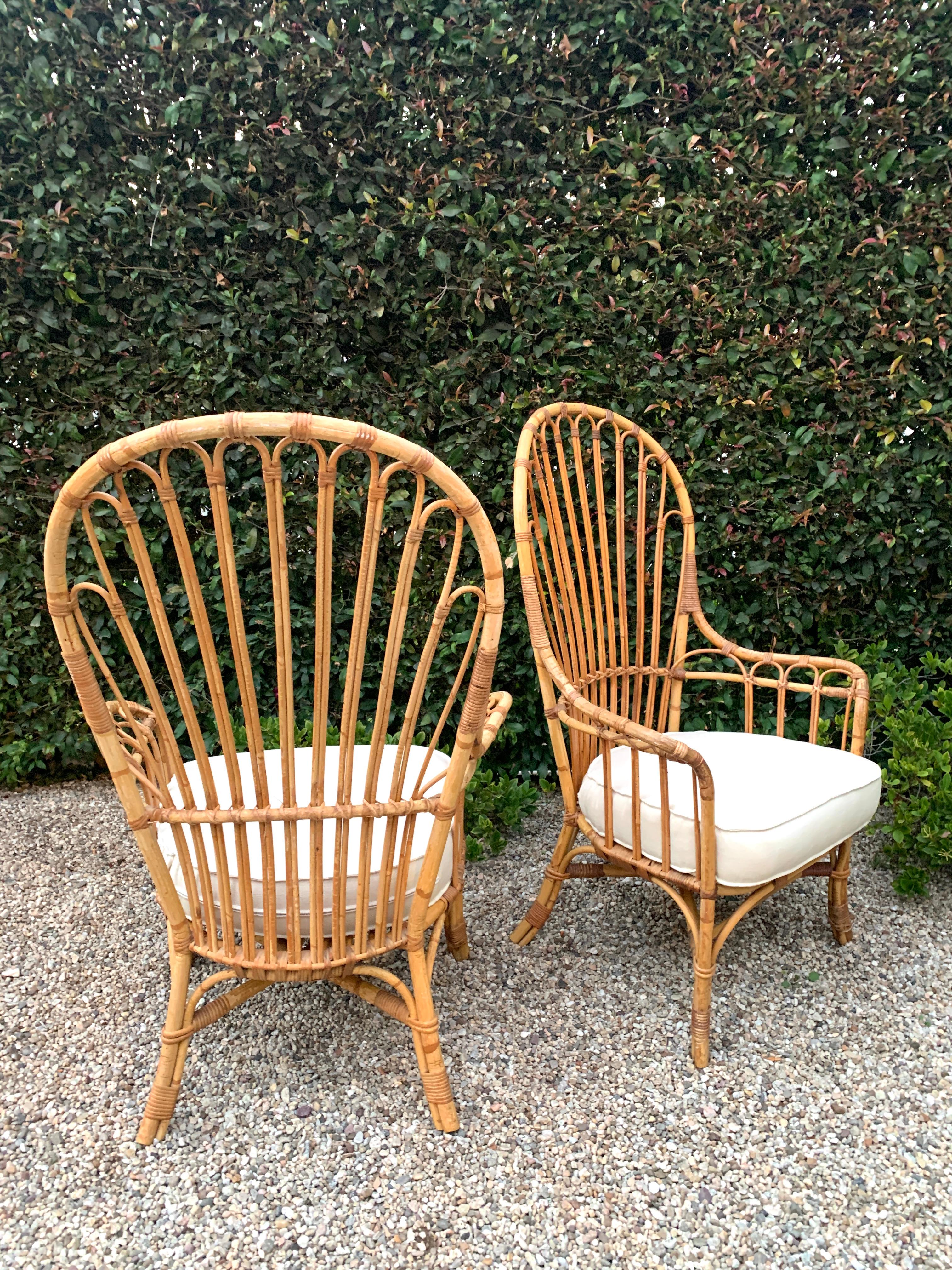 Pair of French Reed and Bamboo Rattan Wing Chairs with Linen Cushions 5