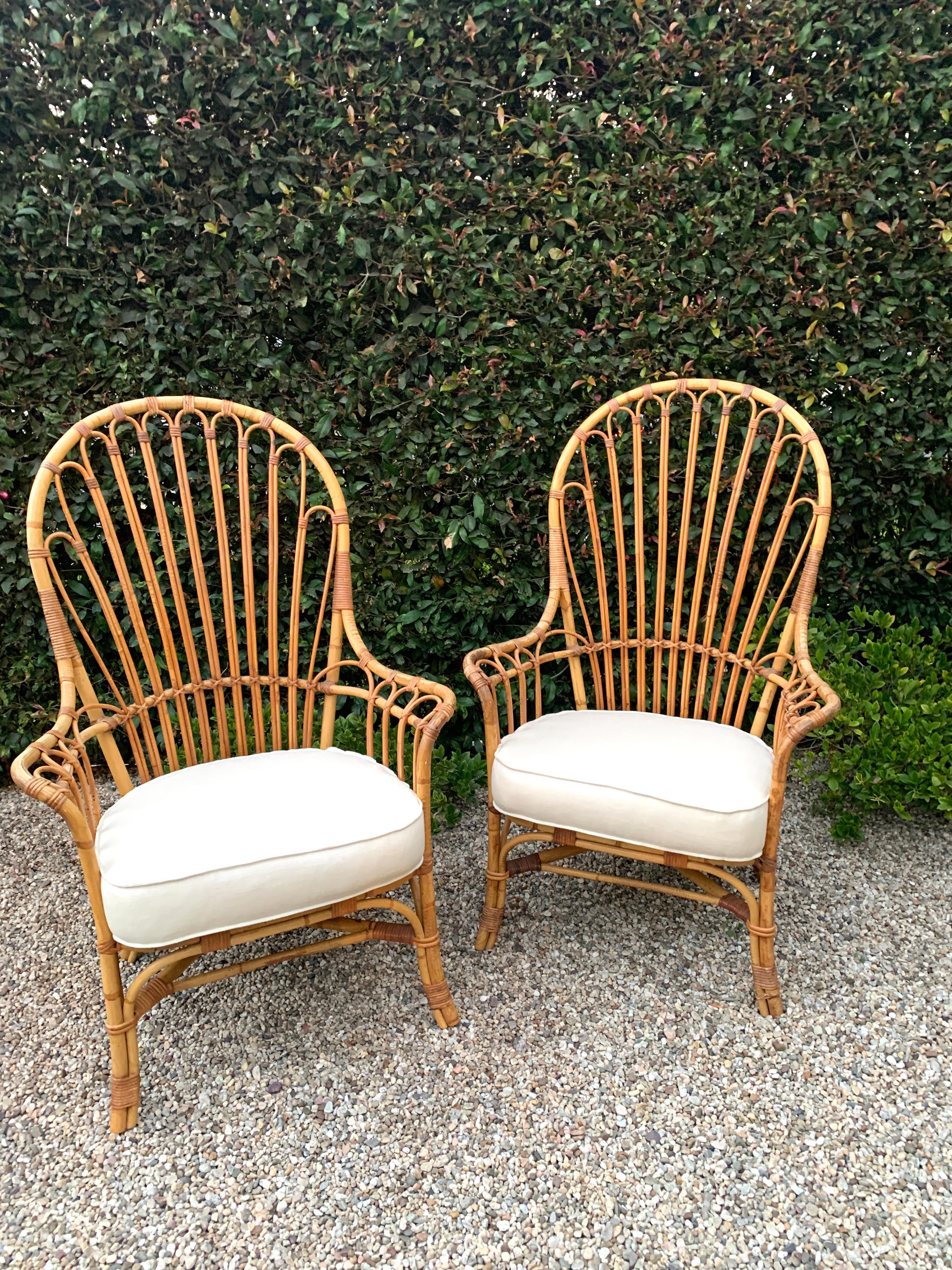 Mid-Century Modern Pair of French Reed and Bamboo Rattan Wing Chairs with Linen Cushions