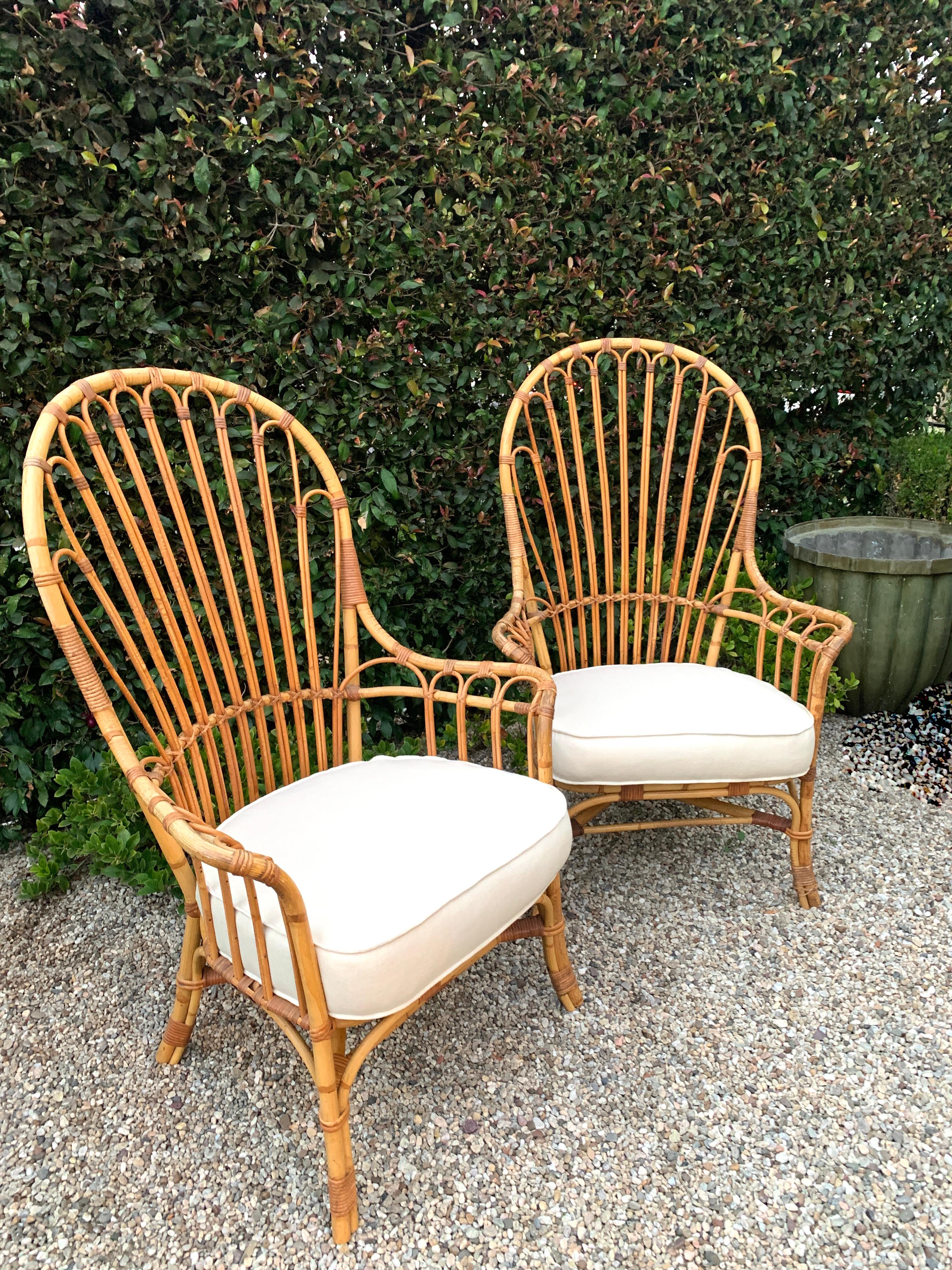 Hand-Crafted Pair of French Reed and Bamboo Rattan Wing Chairs with Linen Cushions