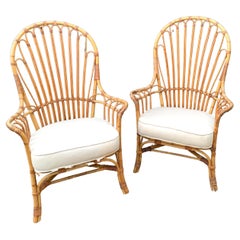 Pair of French Reed and Bamboo Rattan Wing Chairs with Linen Cushions