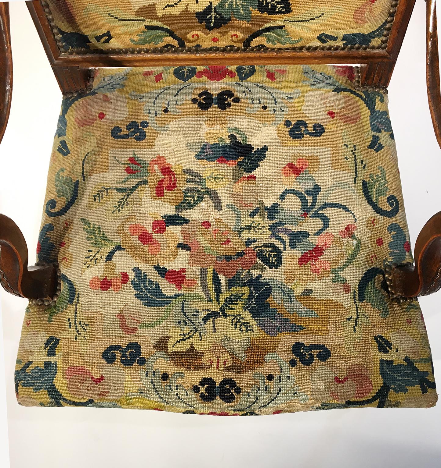 Pair of French Régence Armchairs with Petit Point Embroidery, France, circa 1725 7