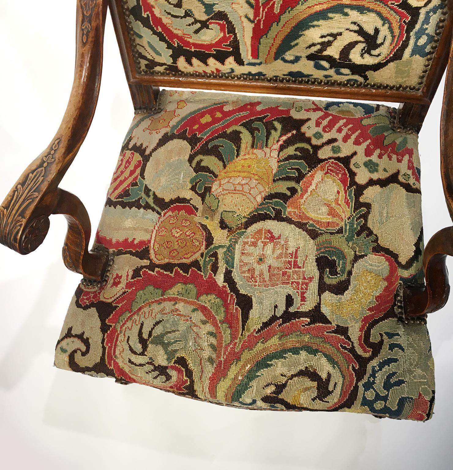 Carved Pair of French Régence Armchairs with Petit Point Embroidery, France, circa 1725