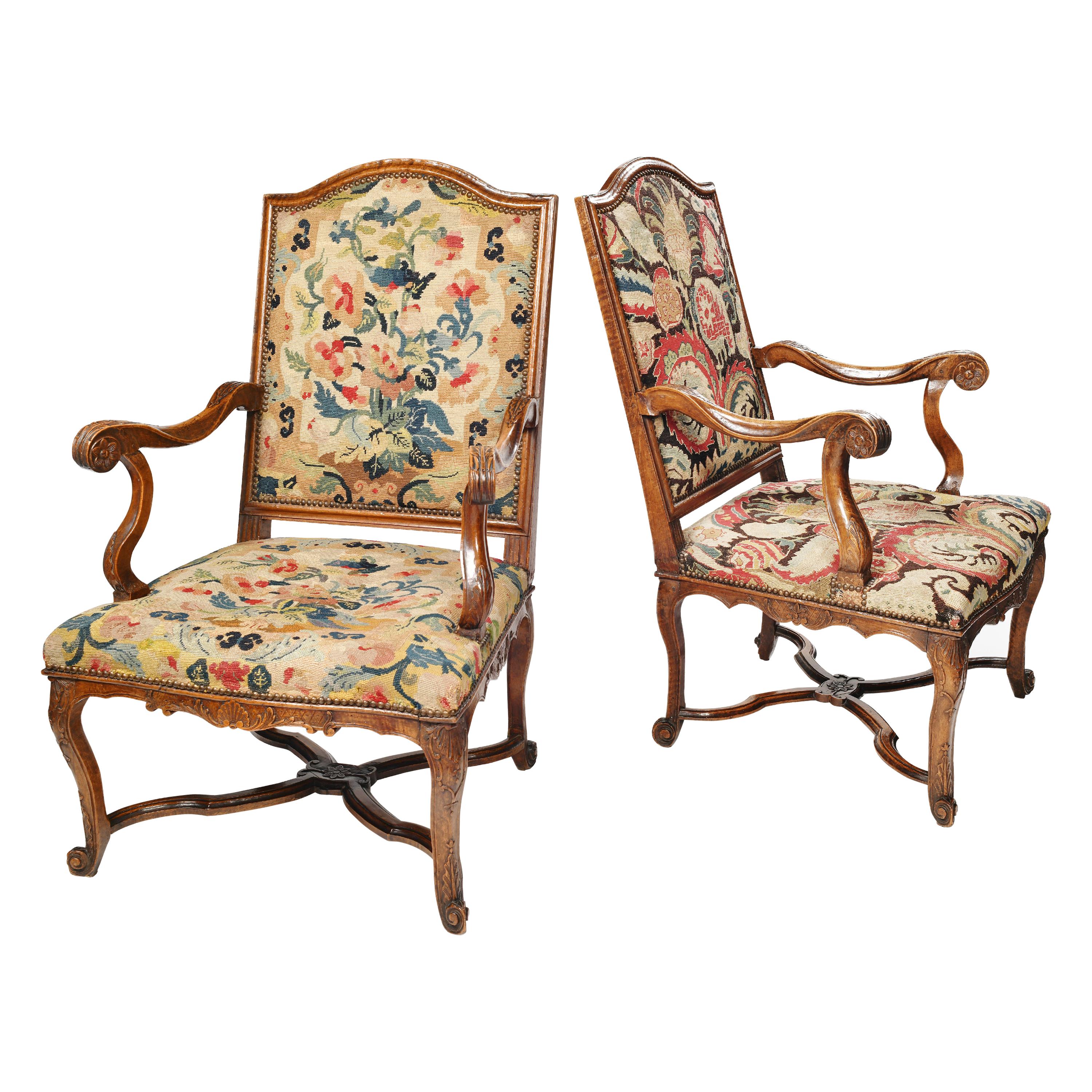 Pair of French Régence Armchairs with Petit Point Embroidery, France, circa 1725
