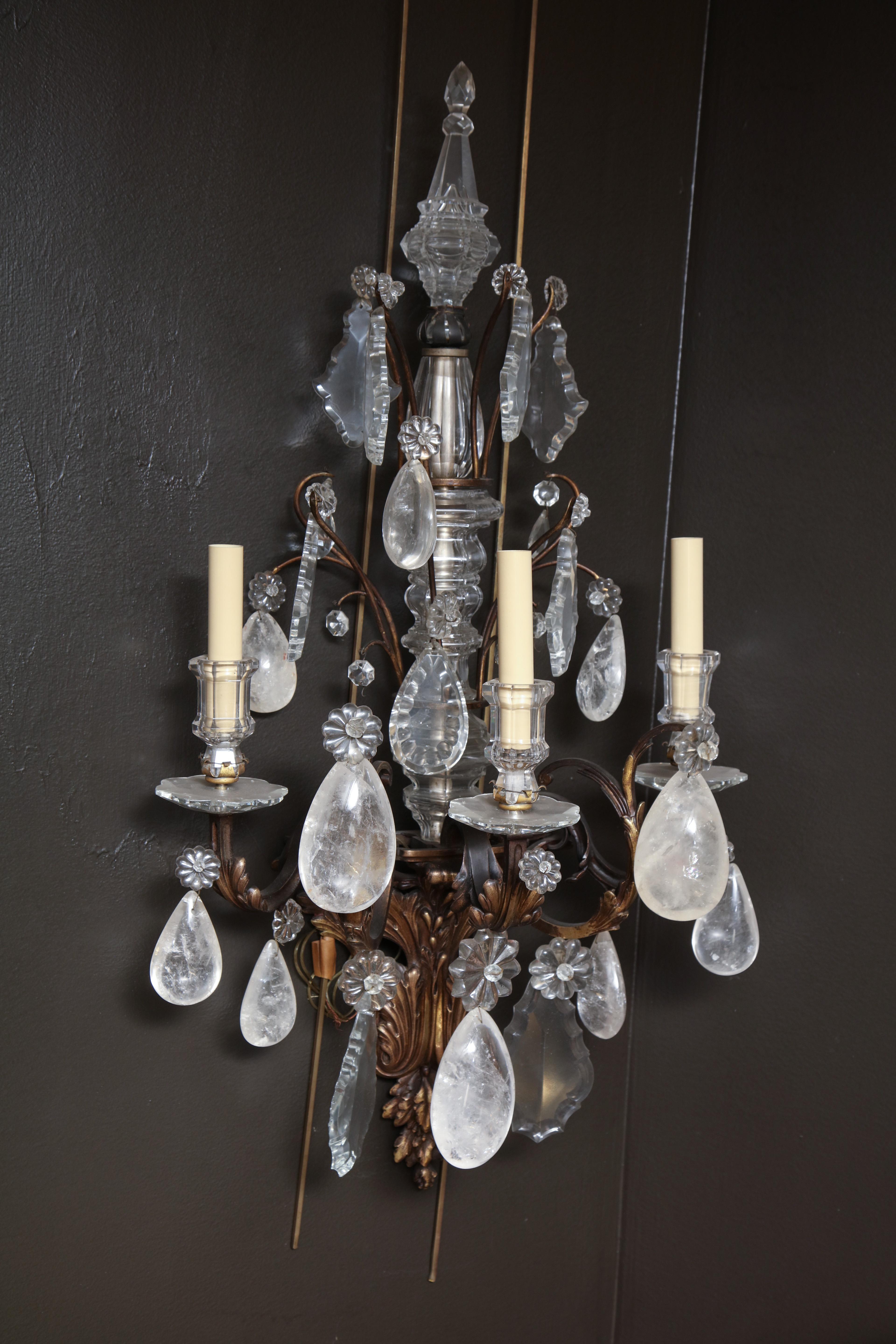Pair of French Regence Bronze and Rock Crystal Sconces 7