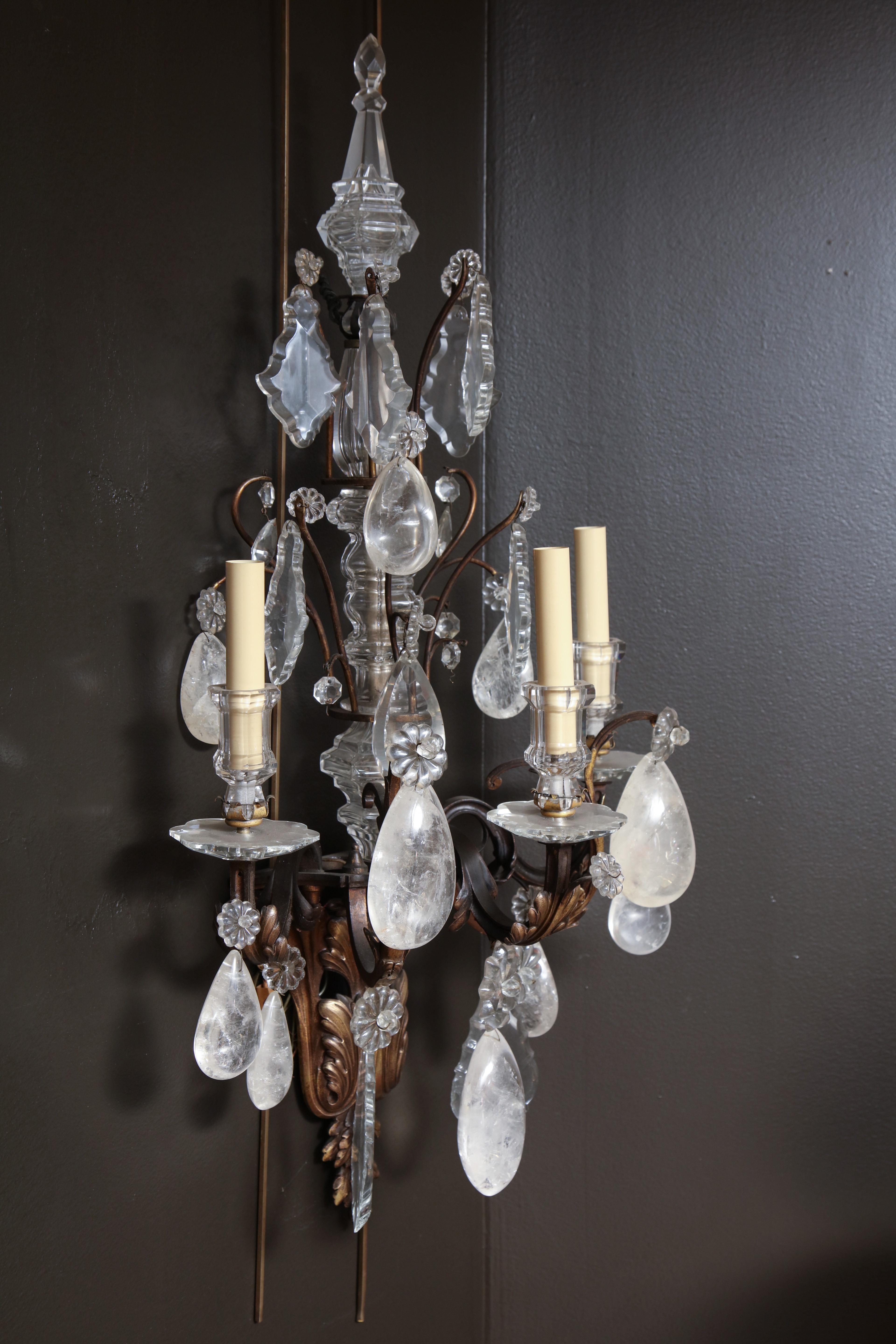 Pair of French Regence Bronze and Rock Crystal Sconces 8