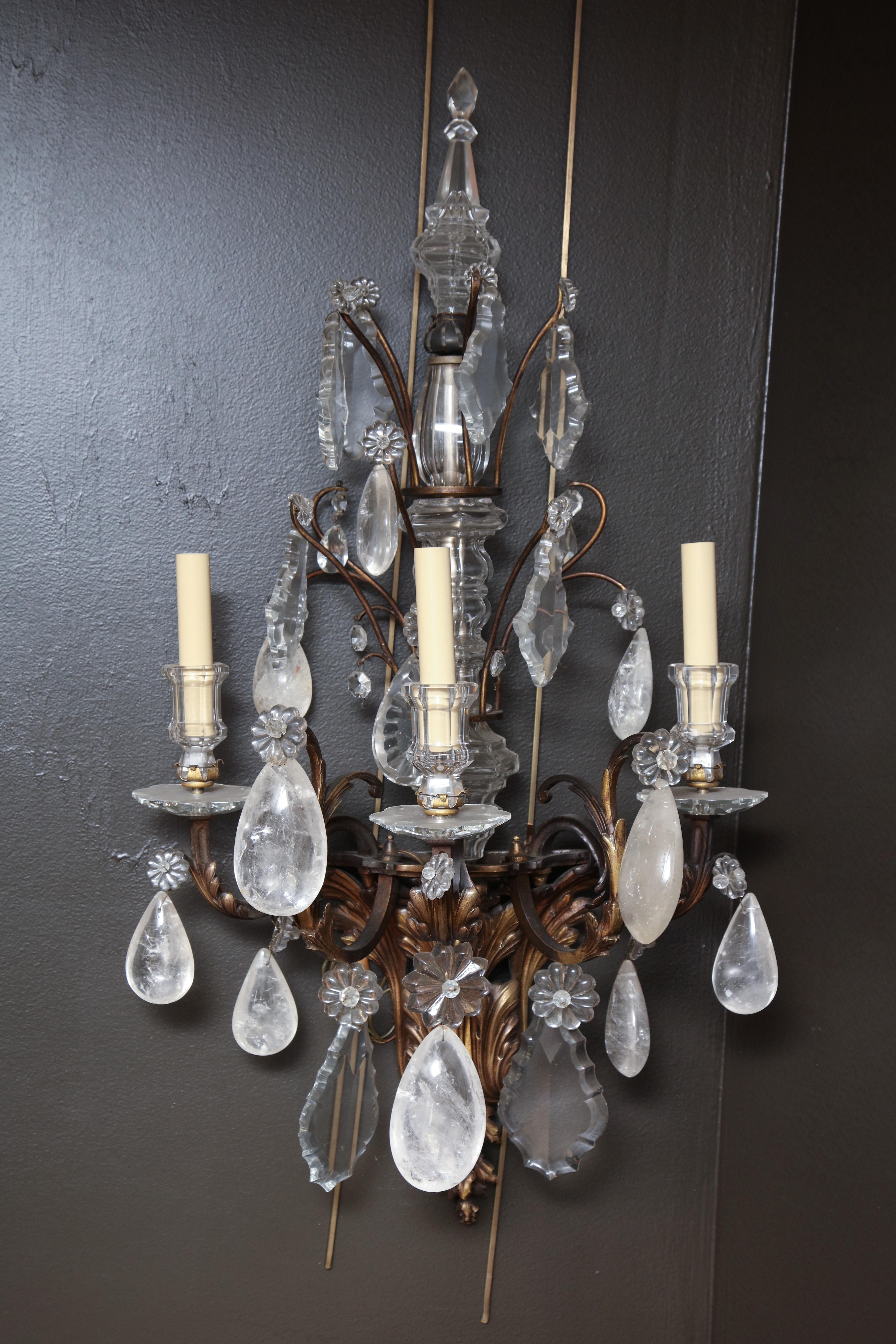 Régence Pair of French Regence Bronze and Rock Crystal Sconces