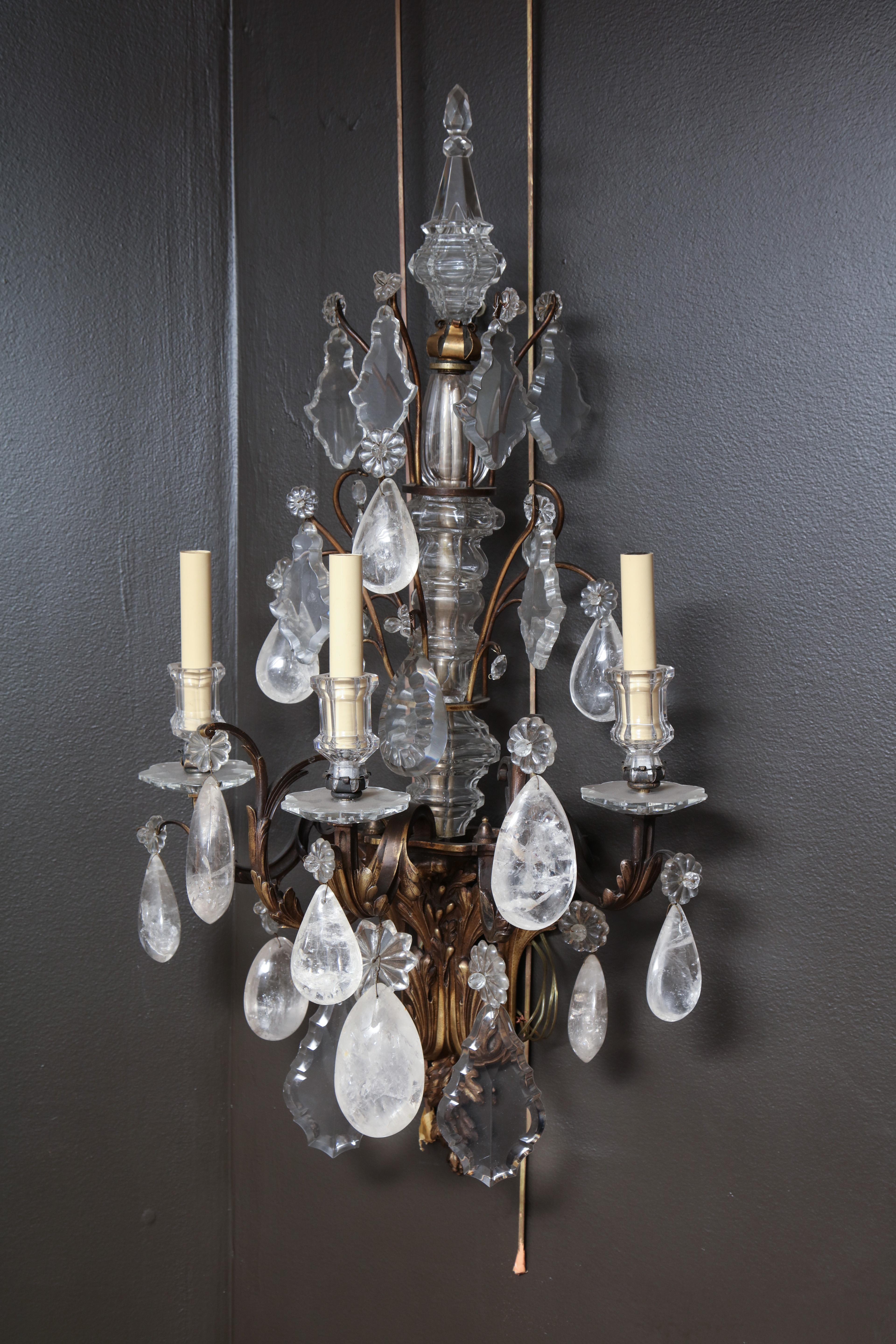 Pair of French Regence Bronze and Rock Crystal Sconces In Excellent Condition In Westwood, NJ