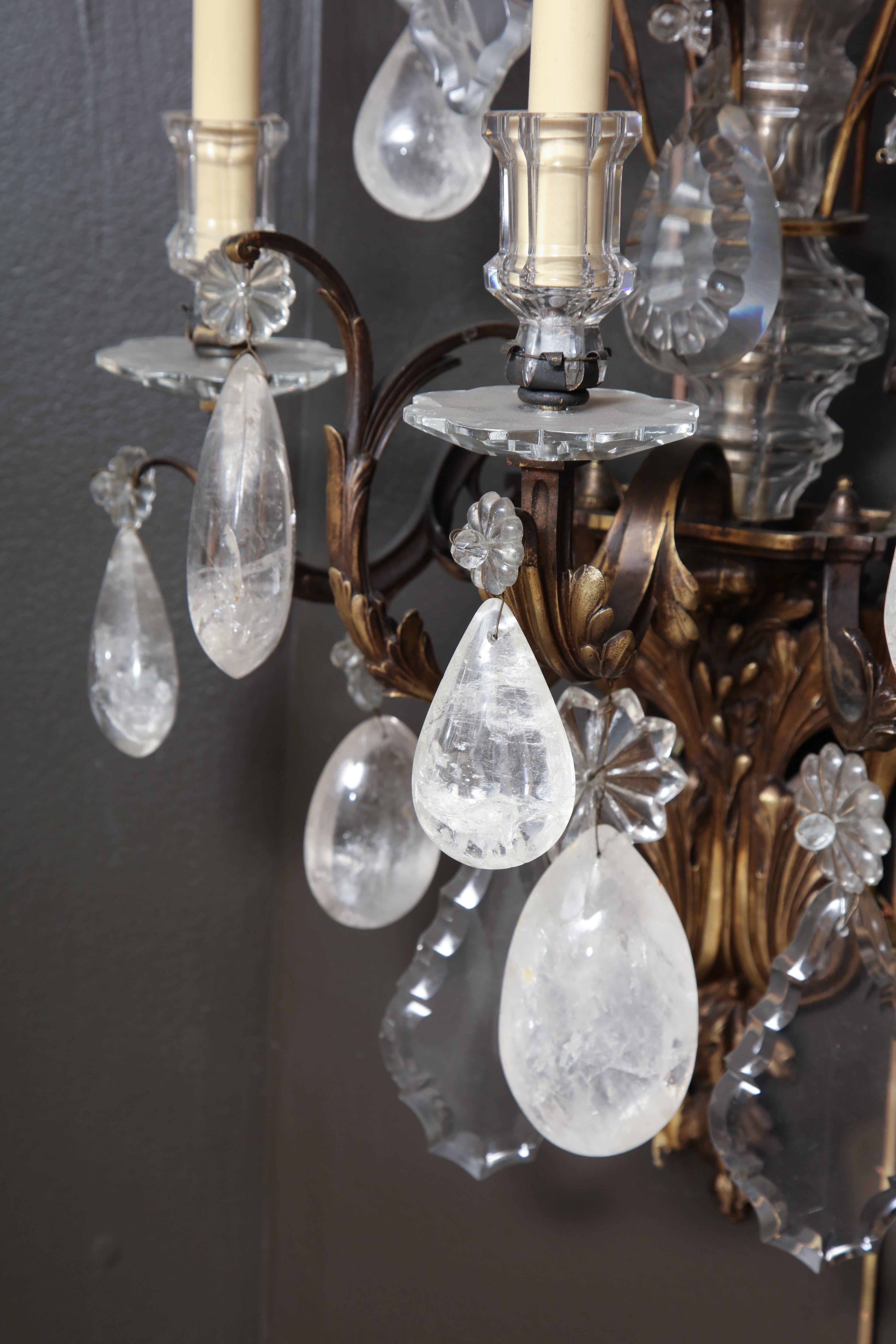 Mid-19th Century Pair of French Regence Bronze and Rock Crystal Sconces