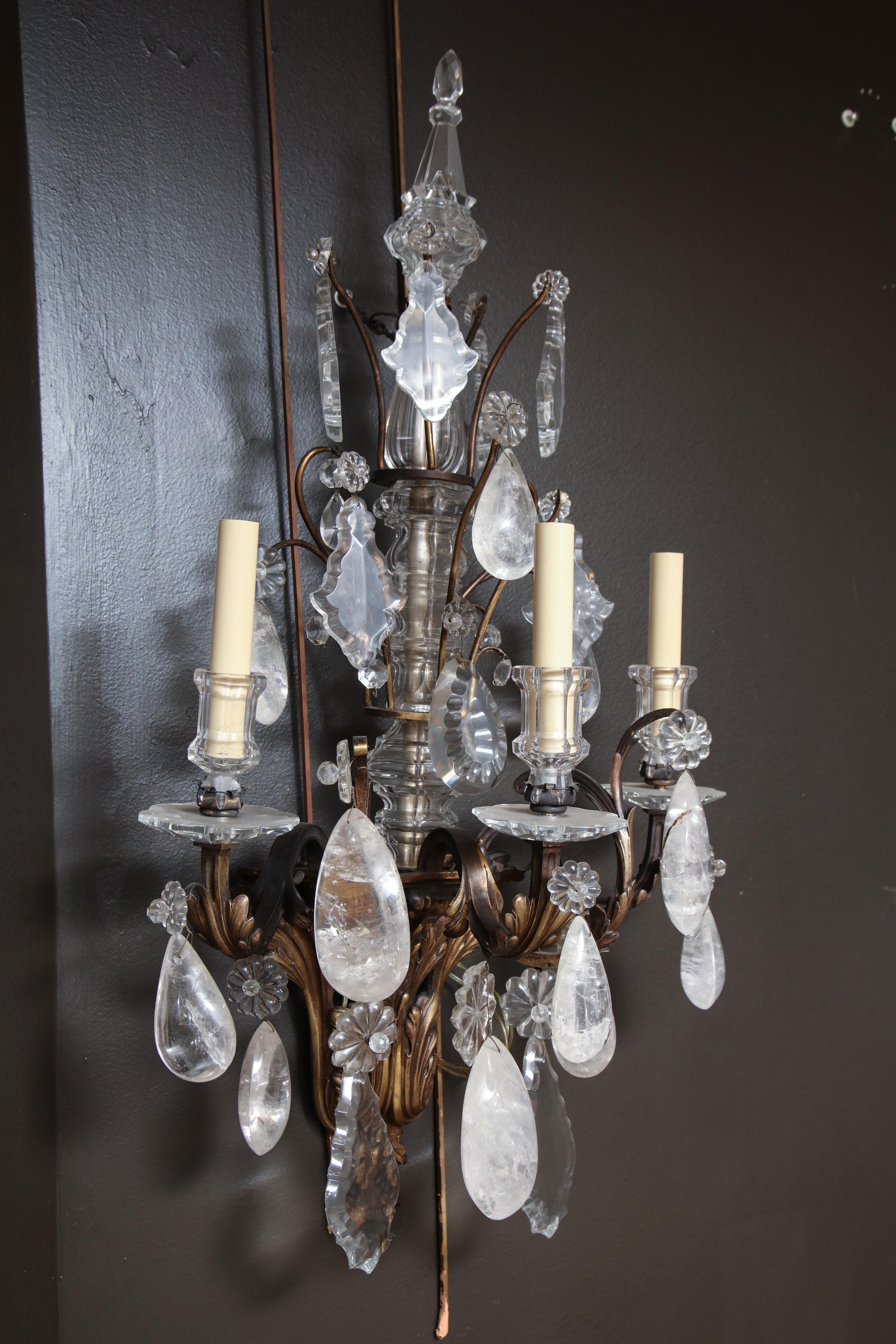 Pair of French Regence Bronze and Rock Crystal Sconces 4