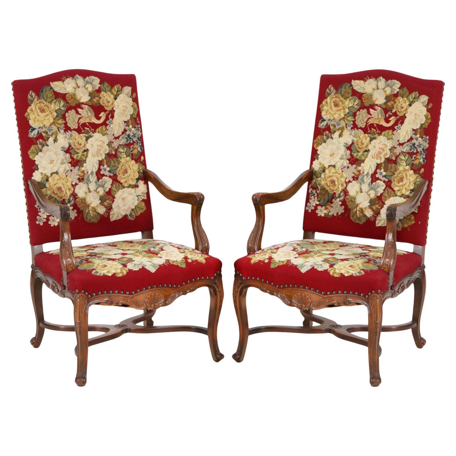 Pair of French Regence Fauteuils with Gorgeous Embroidered Upholstery