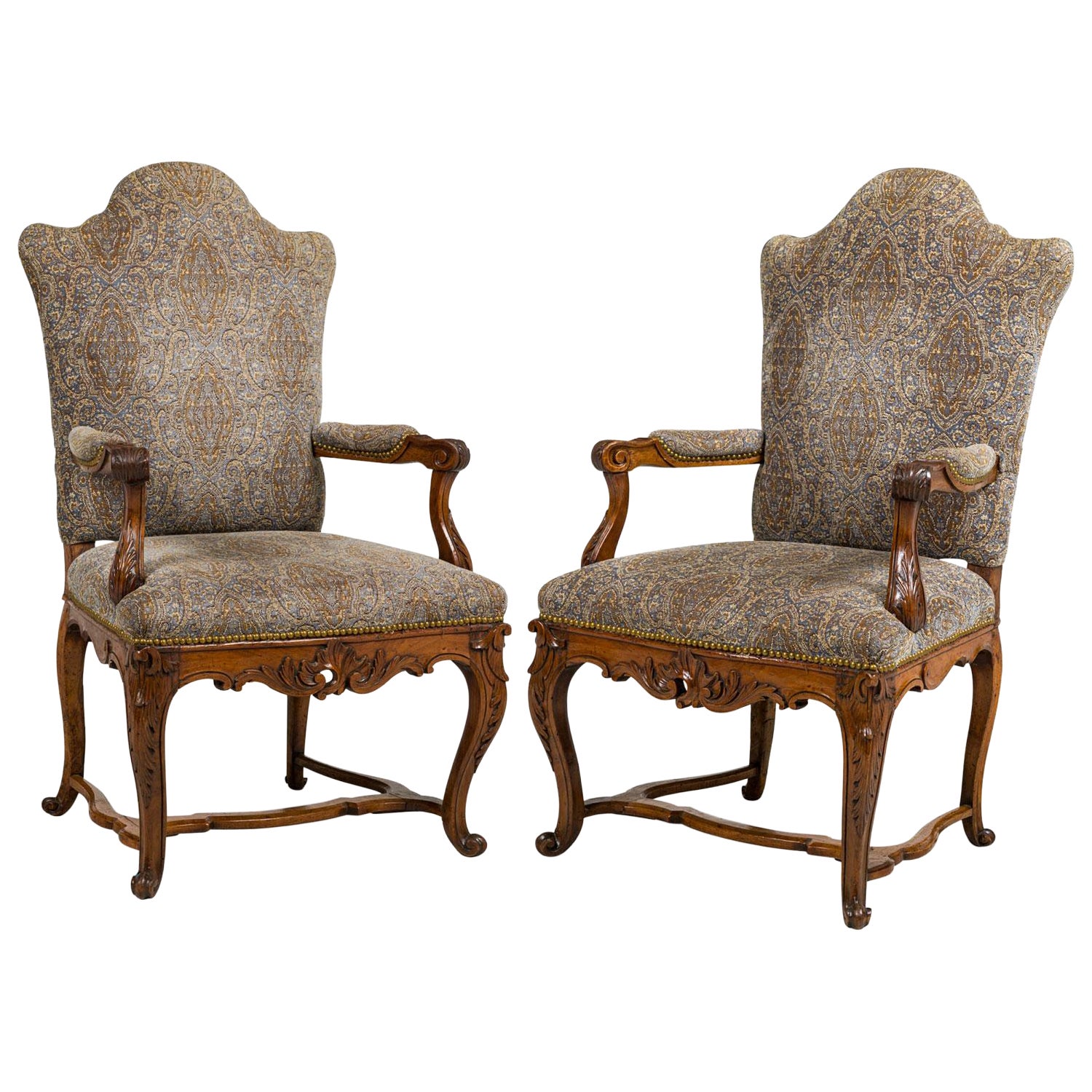 Pair of French Regence Grey Upholstered Armchairs For Sale