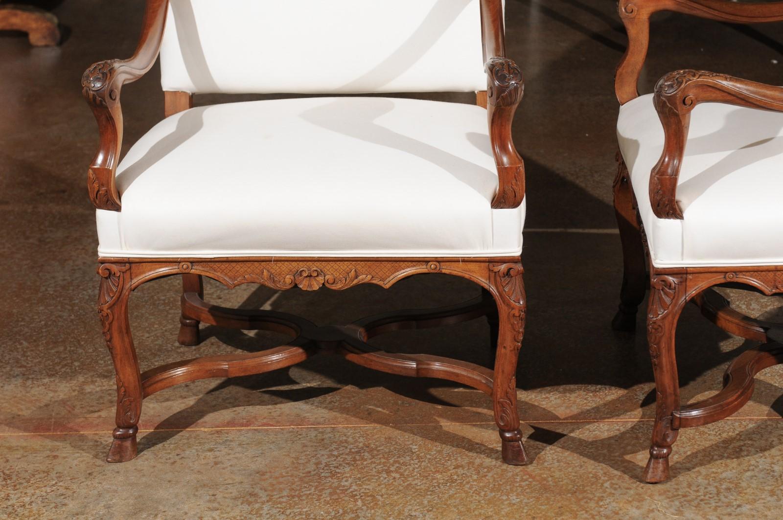 French Régence Style 1890s Upholstered Walnut Armchair with Stretcher 5