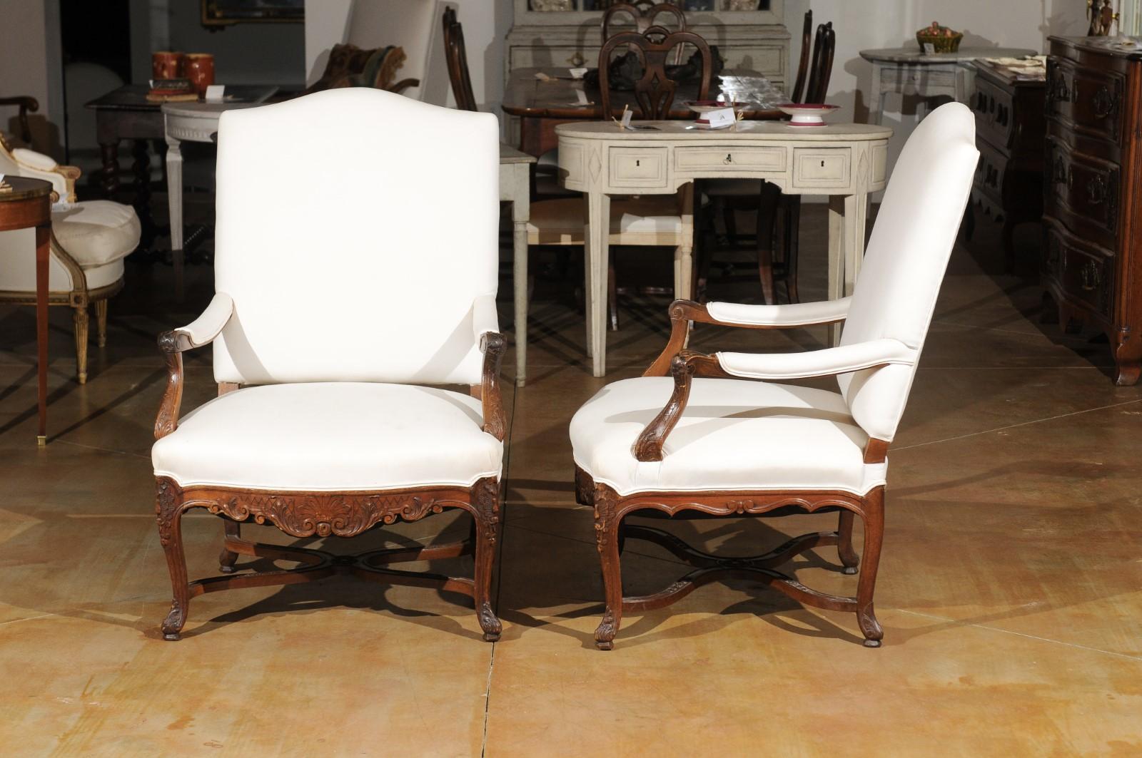Pair of French Régence Style 19th Century Walnut Armchairs with Carved Foliage 7