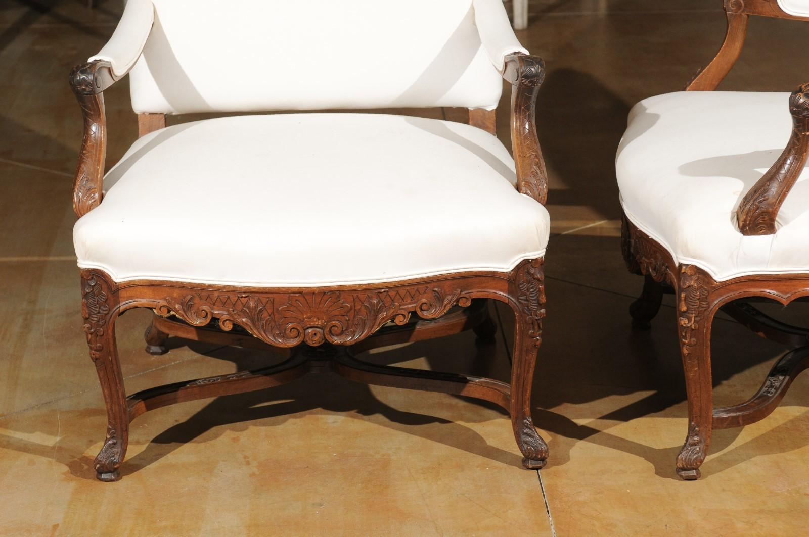 Pair of French Régence Style 19th Century Walnut Armchairs with Carved Foliage 8