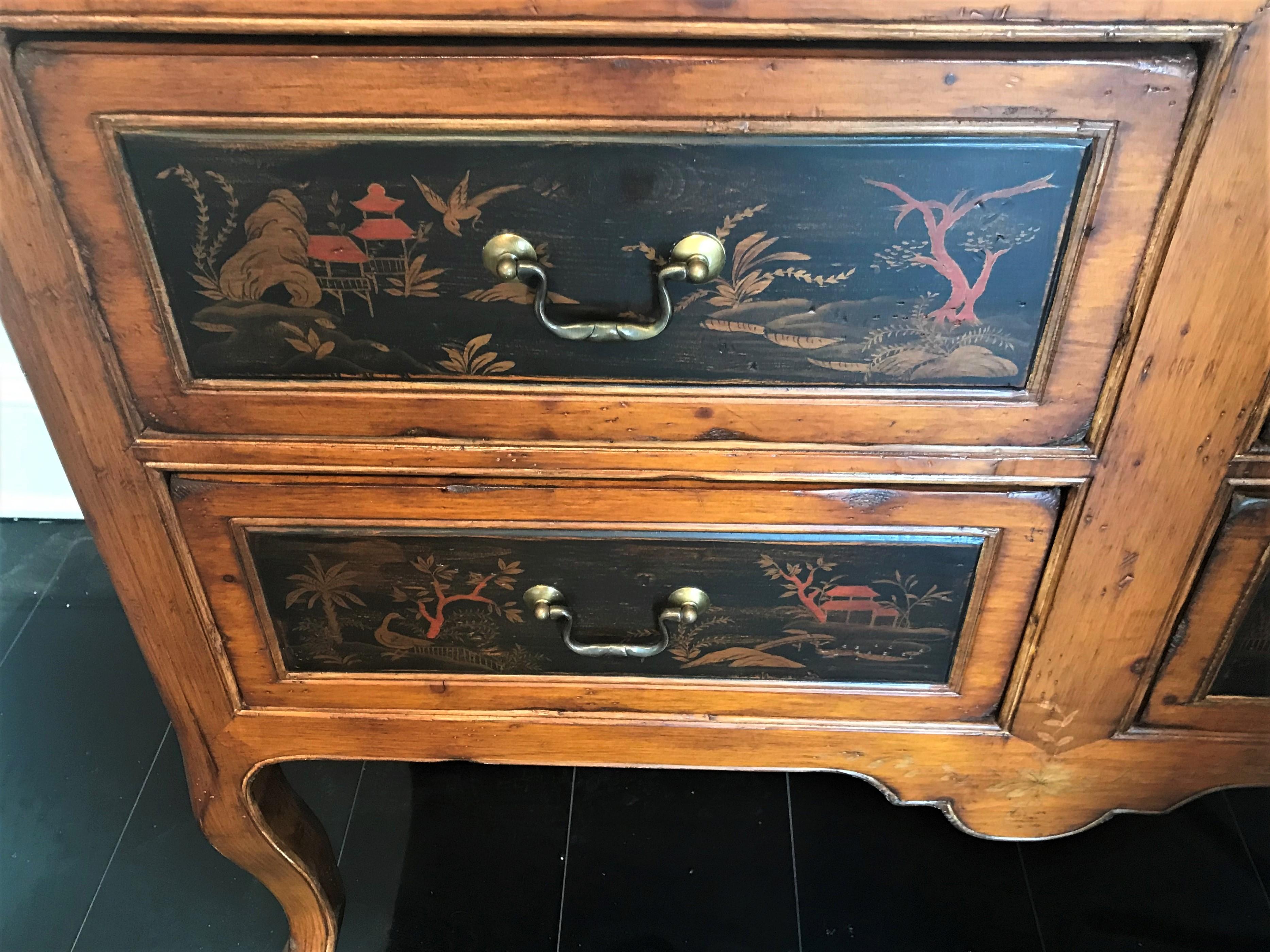 Wood Pair of French Regence Style Chinoiserie Commode of Knotty Pine