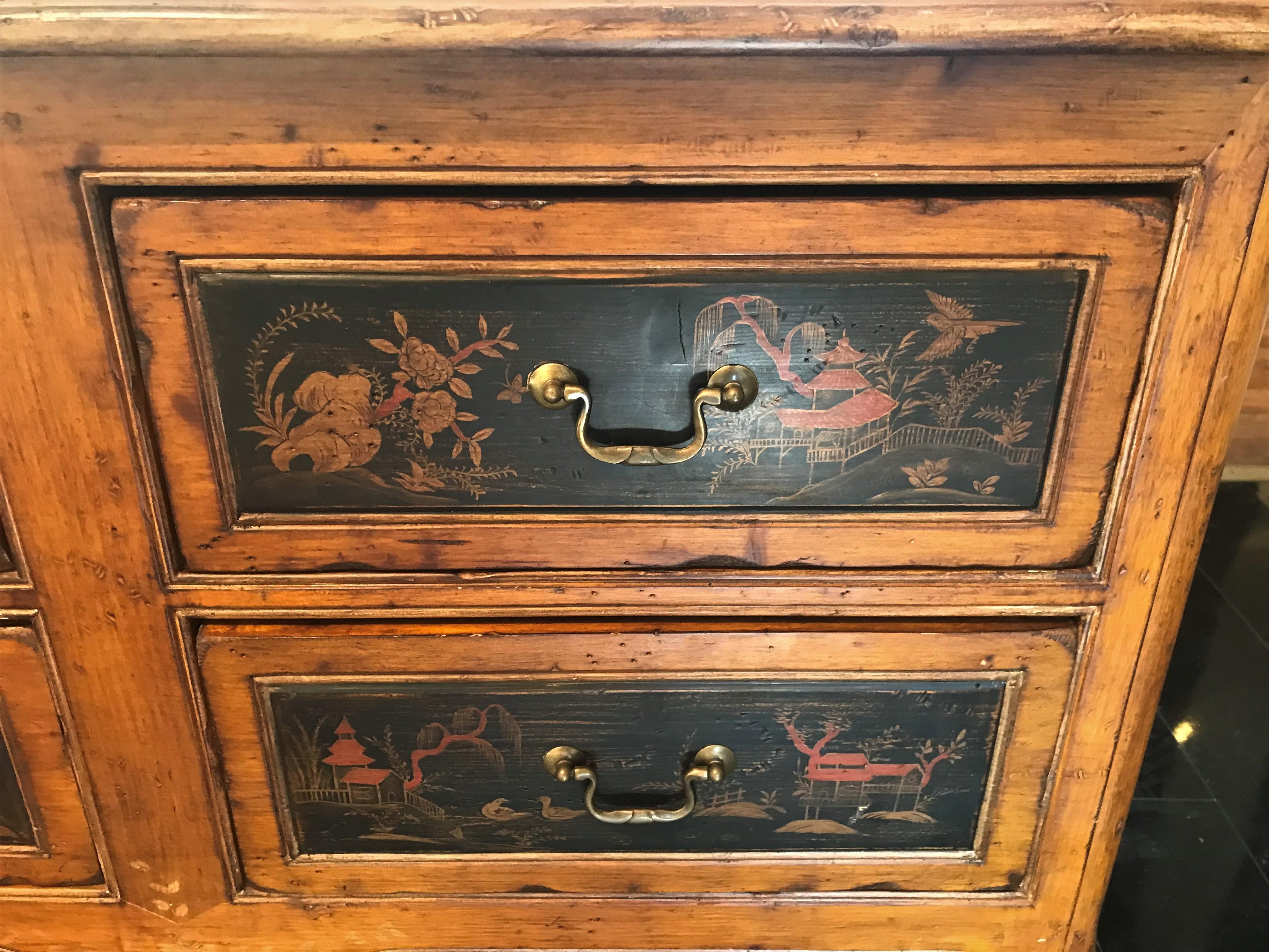 Pair of French Regence Style Chinoiserie Commode of Knotty Pine 1