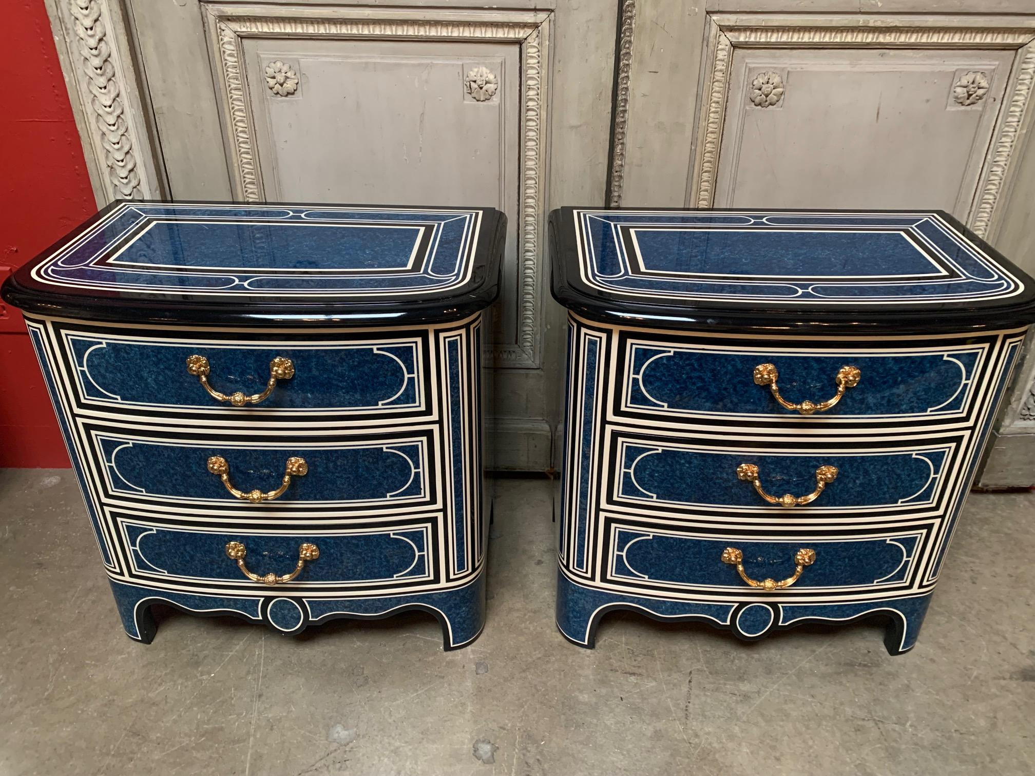 Lacquered Pair of French Regence Style Commodes with a Blue and White Laquered Finsish