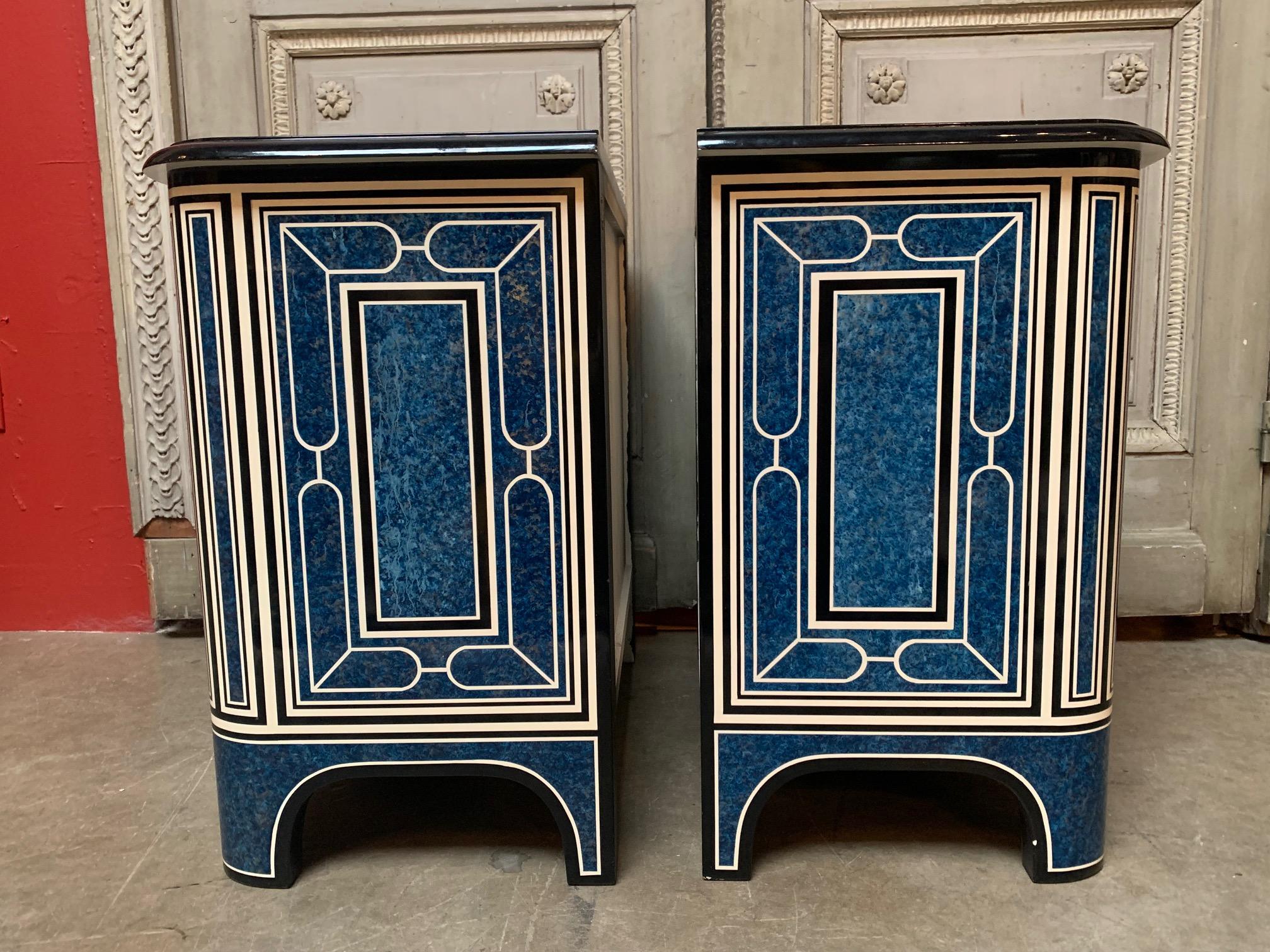 Wood Pair of French Regence Style Commodes with a Blue and White Laquered Finsish