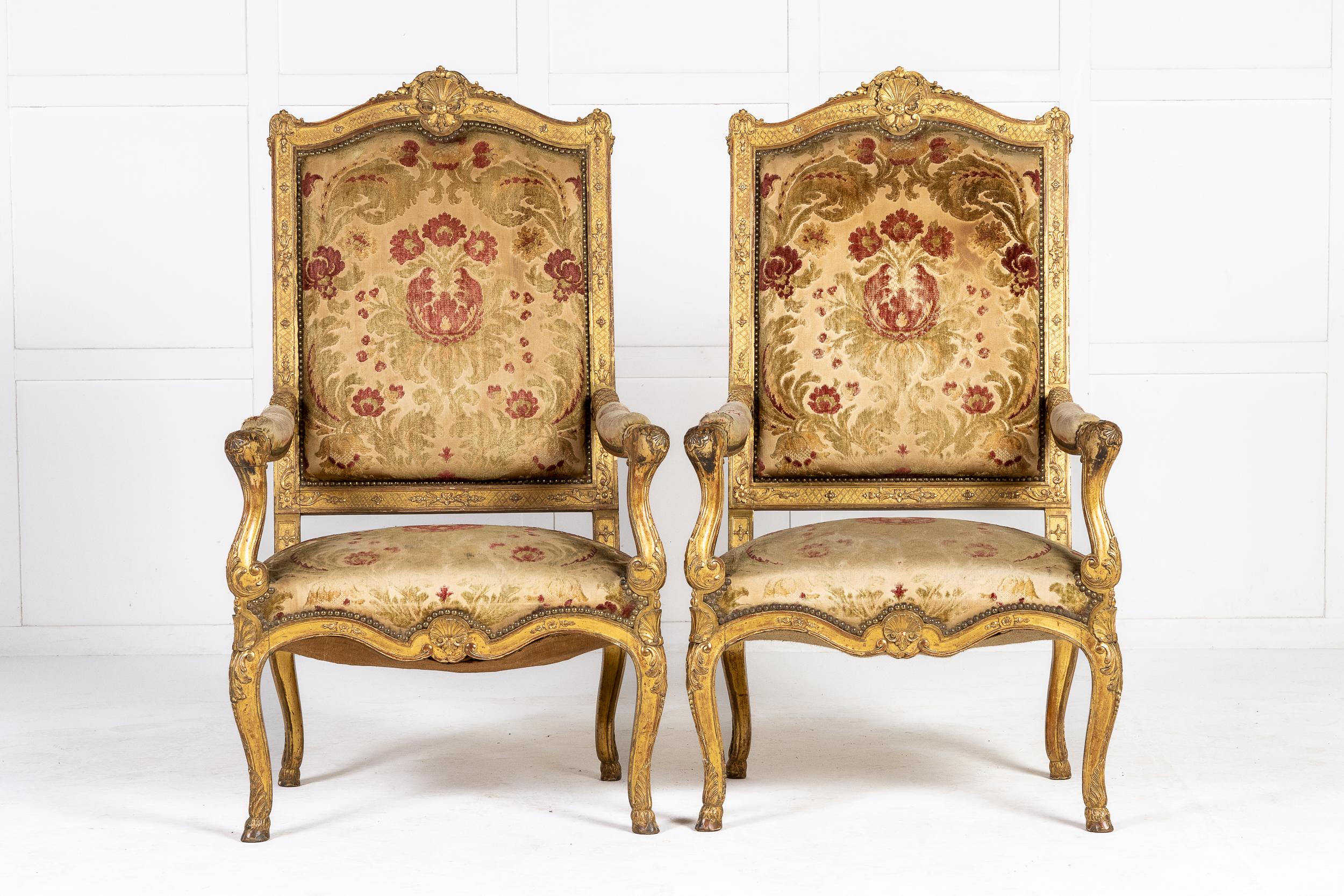 Pair of French Regence Style Giltwood Armchairs In Good Condition For Sale In Gloucestershire, GB