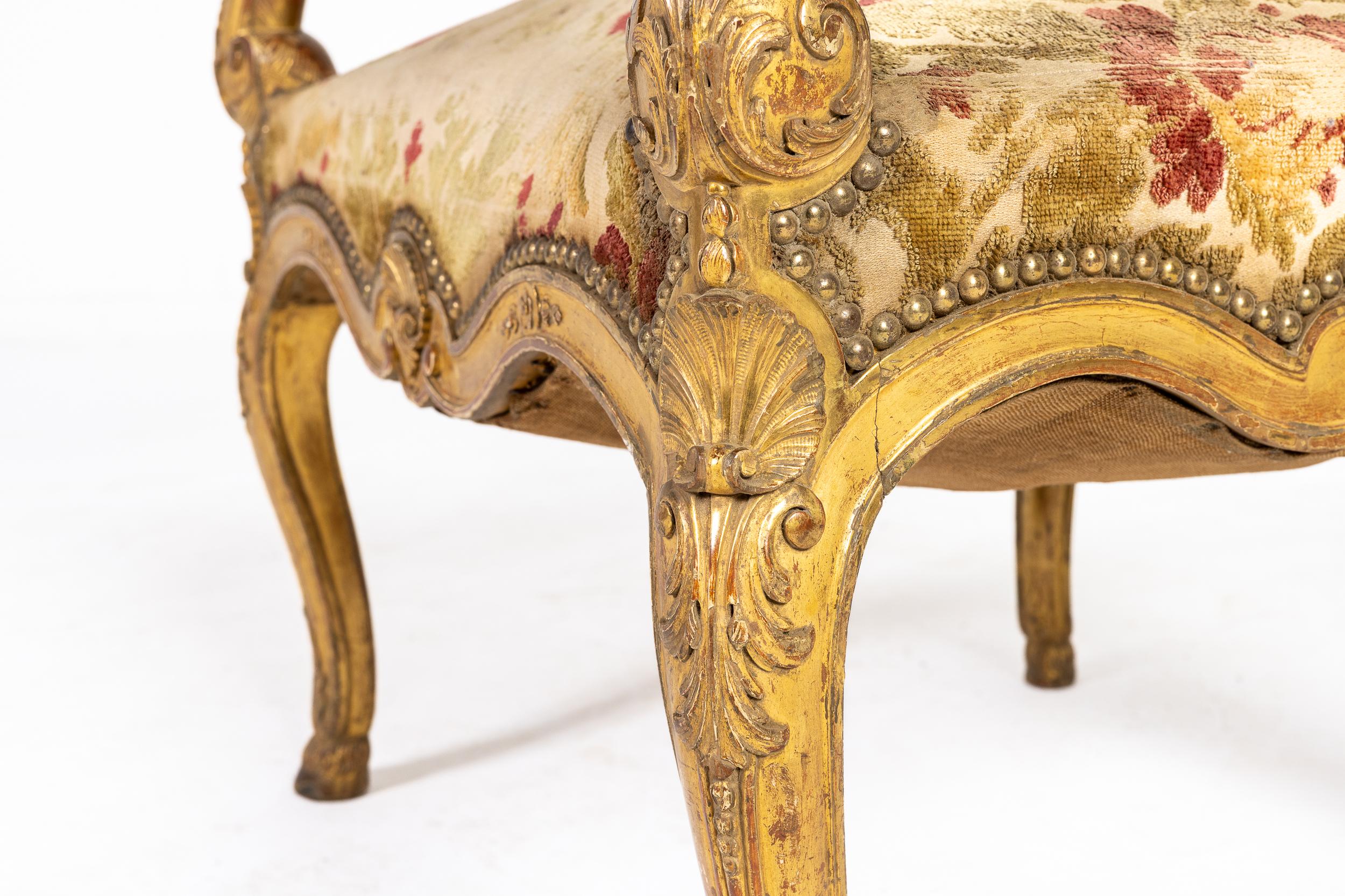 Pair of French Regence Style Giltwood Armchairs For Sale 1