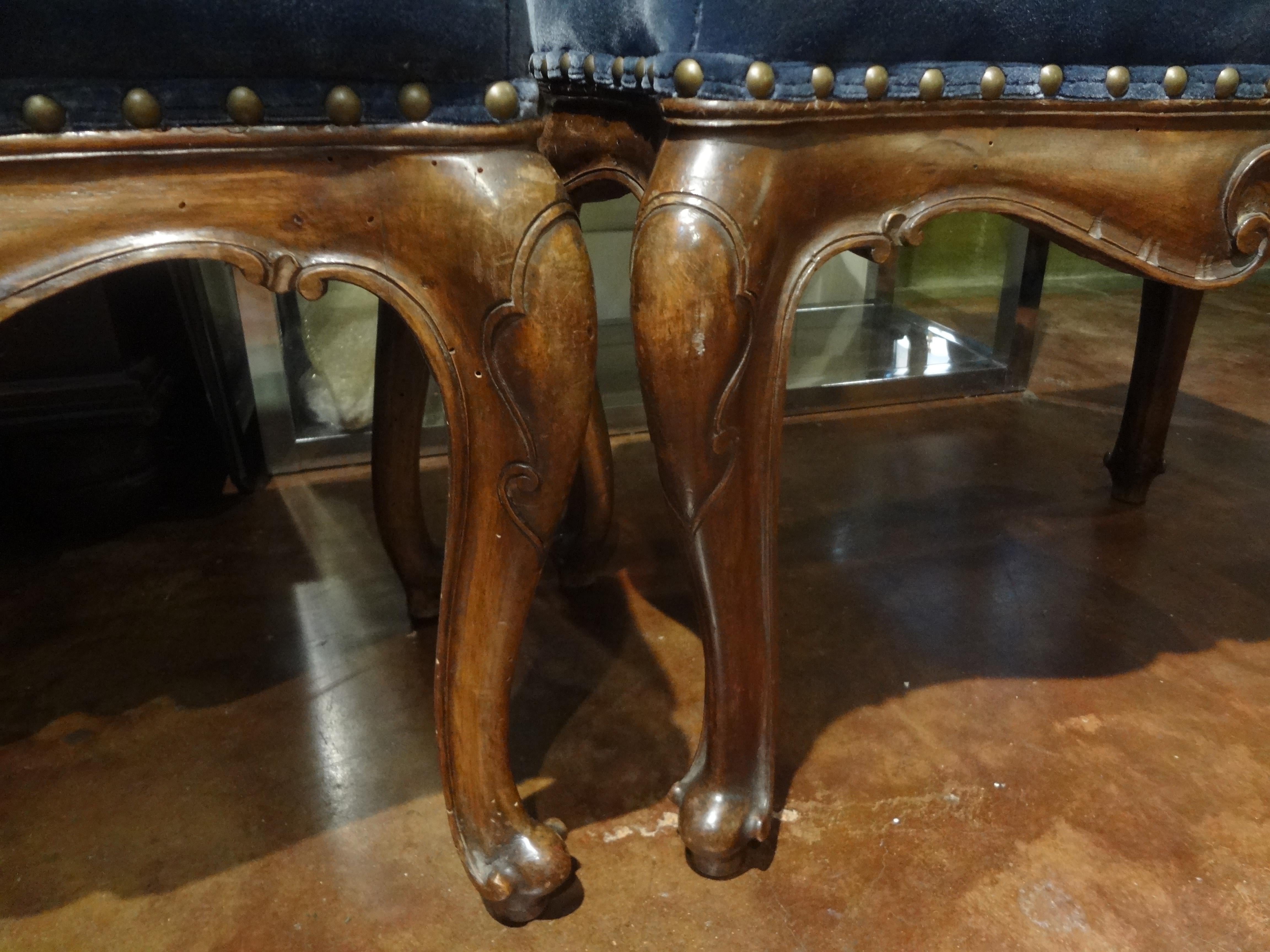 Pair of Italian  Regence Style Walnut Benches or Stools In Good Condition In Houston, TX
