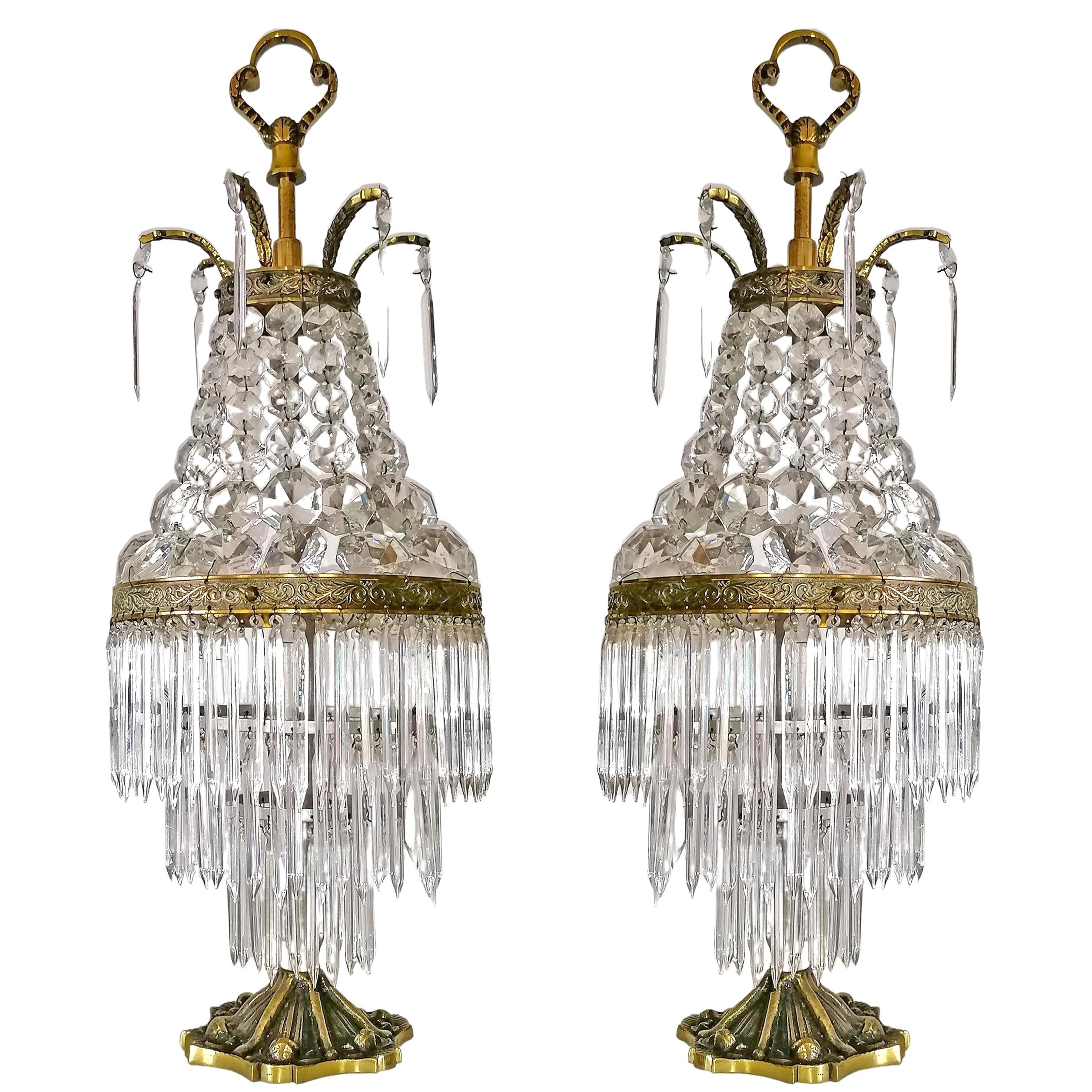Pair of French Regency Empire in gilt bronze and crystal table lamps. 3 tiers wedding cake.
Housing 2-light bulbs each E14. Nickel detailing with all crystal intact.
Dimentions:
Height 20.5 in /52 cm
Diameter 8 in /20 cm
Weight 16 lb. / 7 kg
Good