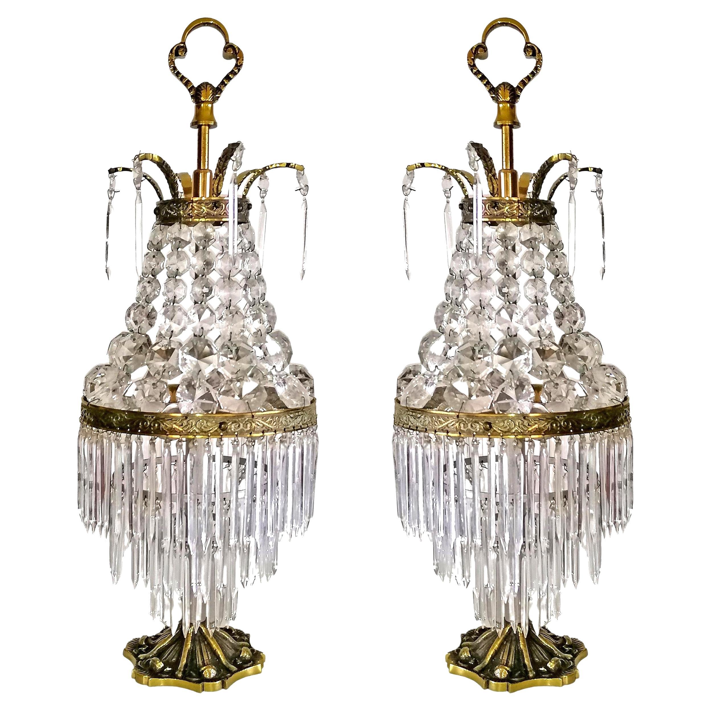 Pair of French Regency Empire Table Lamps in Gilt Bronze and Crystal