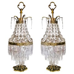 Antique Pair of French Regency Empire Table Lamps in Gilt Bronze and Crystal
