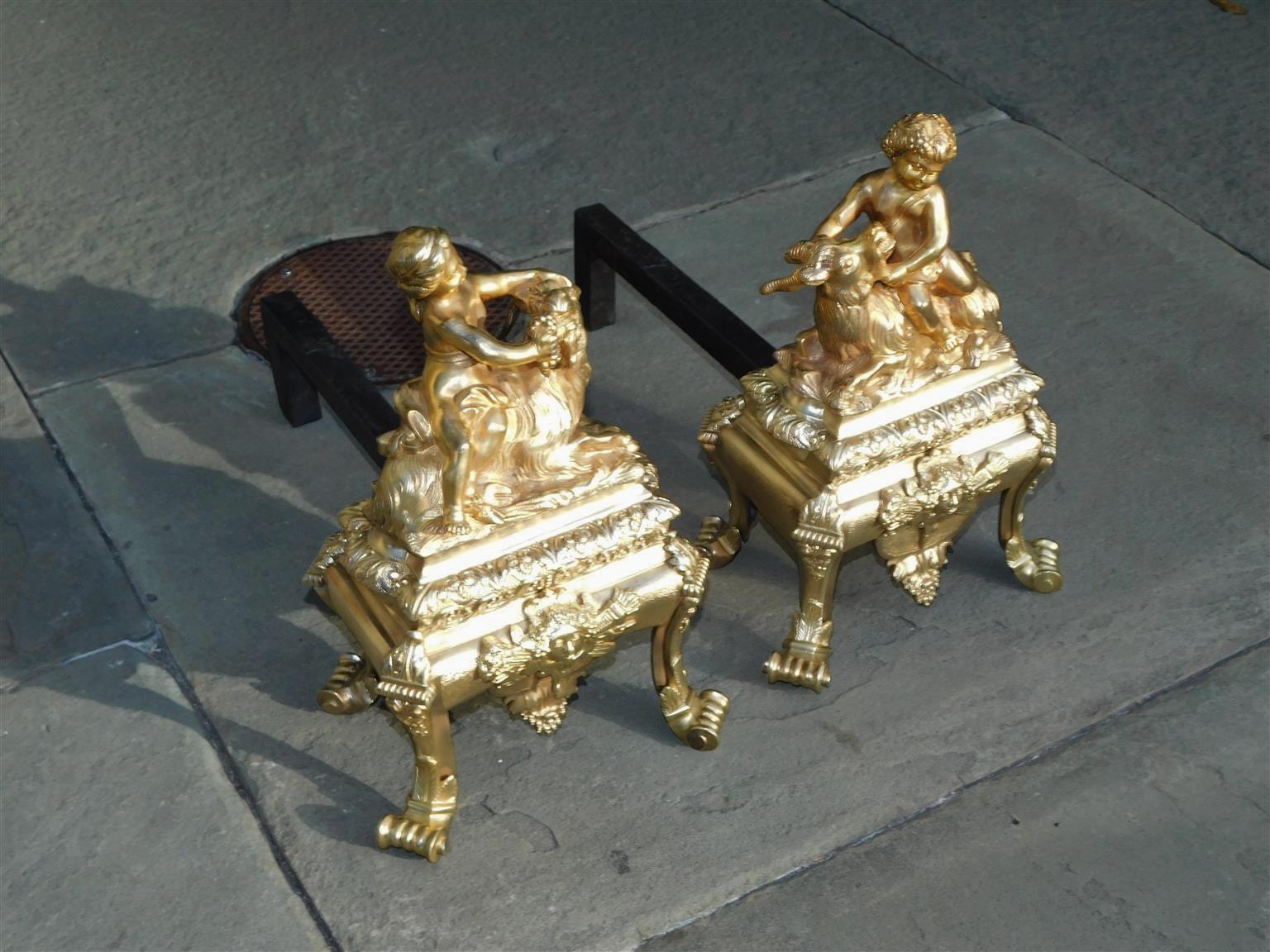 Pair of French Regency Gilt Bronze Figural Child & Goat Masked Andirons, C. 1725 In Excellent Condition In Hollywood, SC