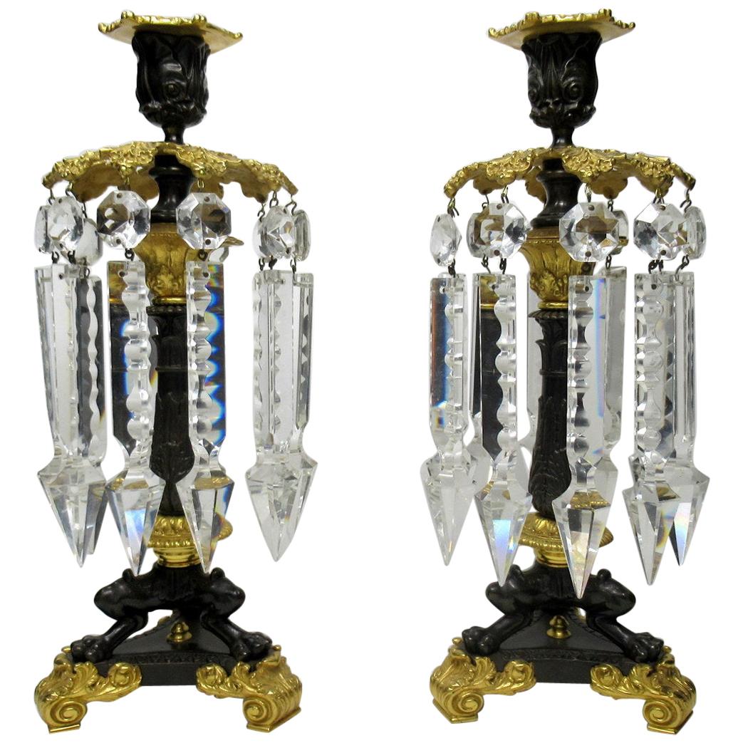 Pair of French Regency Ormolu Bronze Single Light Candlesticks Crystal Lustres