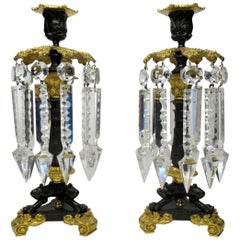 Antique Pair of French Regency Ormolu Bronze Single Light Candlesticks Crystal Lustres