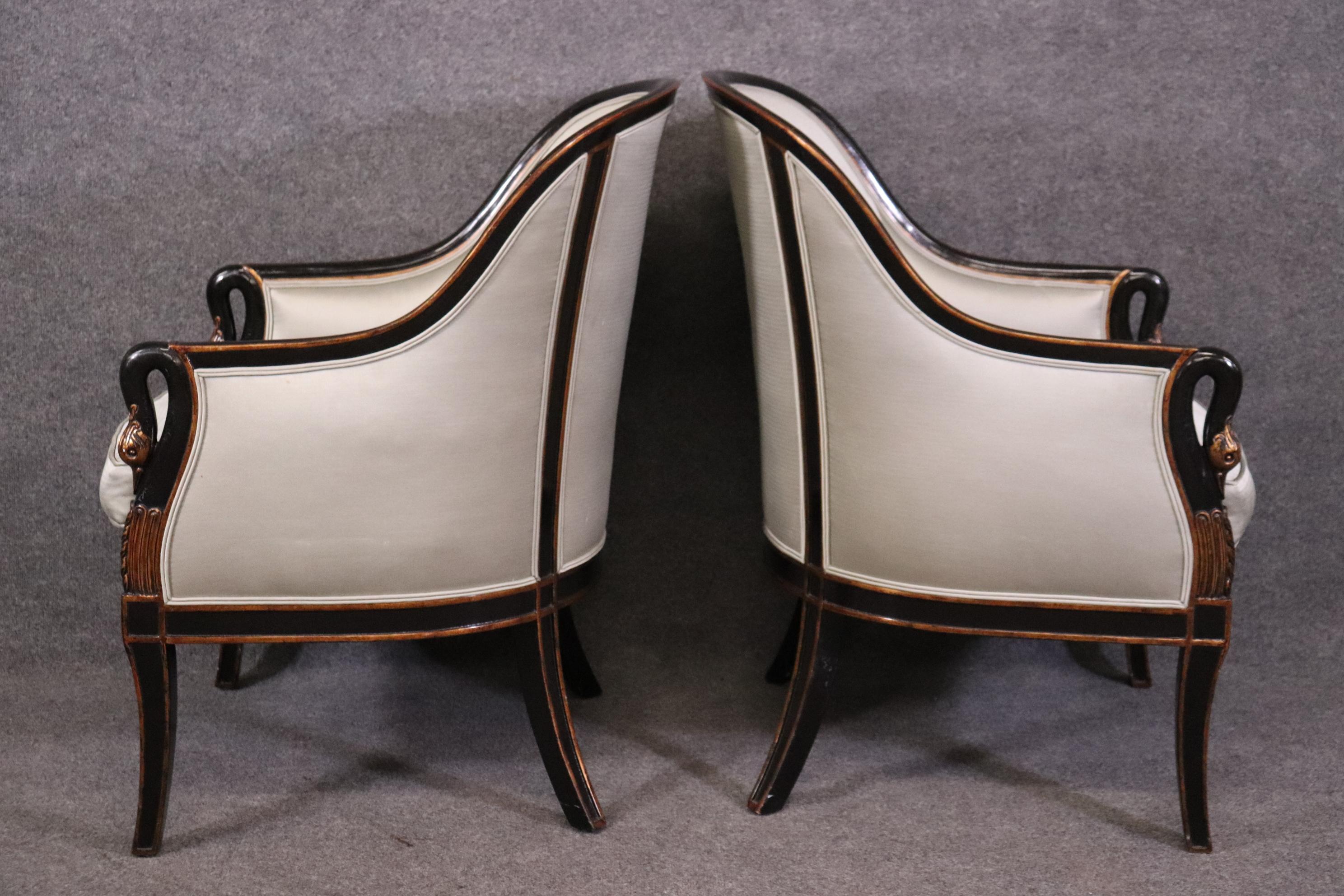 Dimensions- H: 38 1/2in W: 26in D: 30 1/4in SH: 21in 

This vintage pair of French Neoclassical style swan armchairs  bergeres lounge chairs is perfect for you and your home and is a lovely example of high quality furniture from the 20th century! If