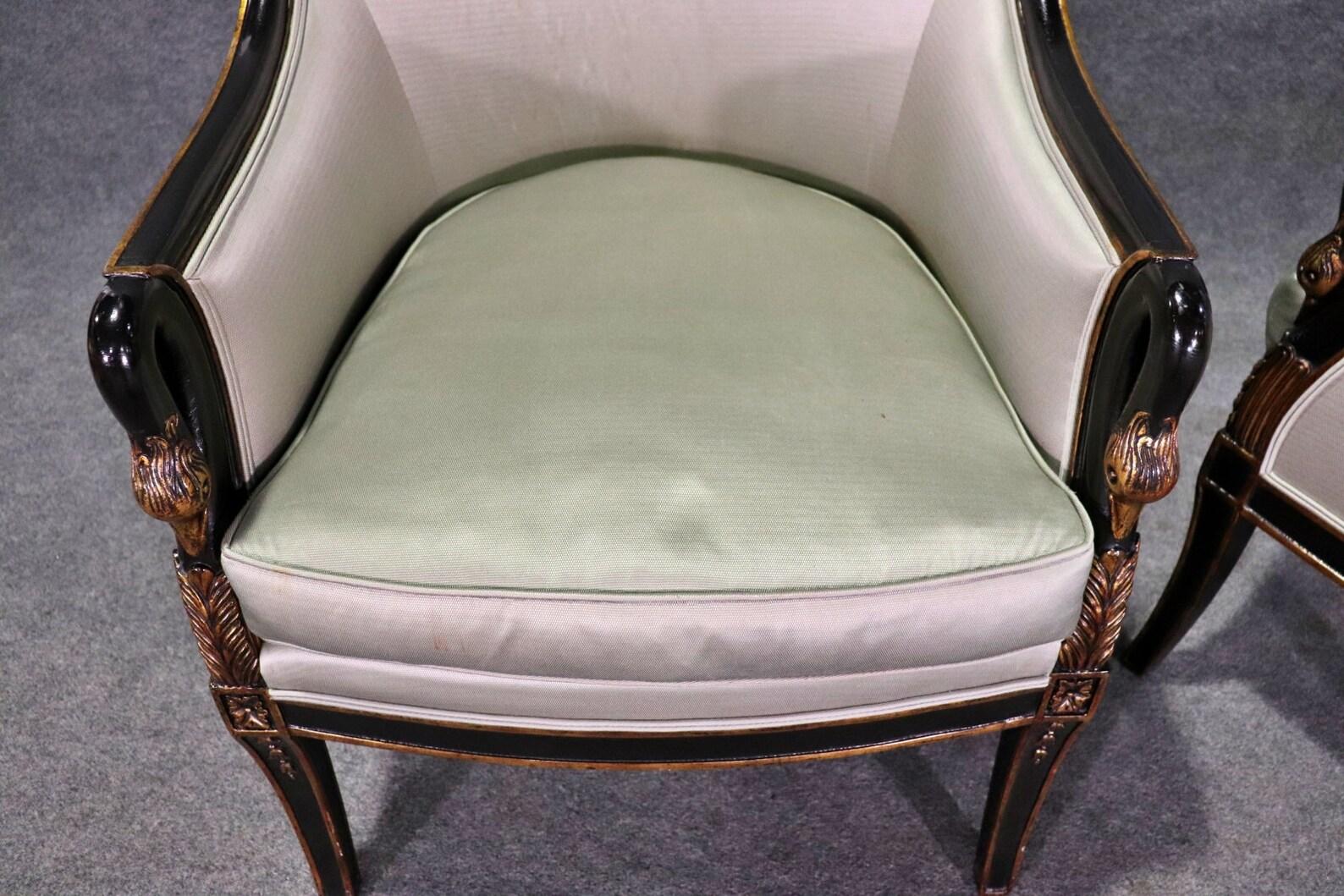 Wood Pair of French Regency Style Ebonized Swan Bergeres Armchairs