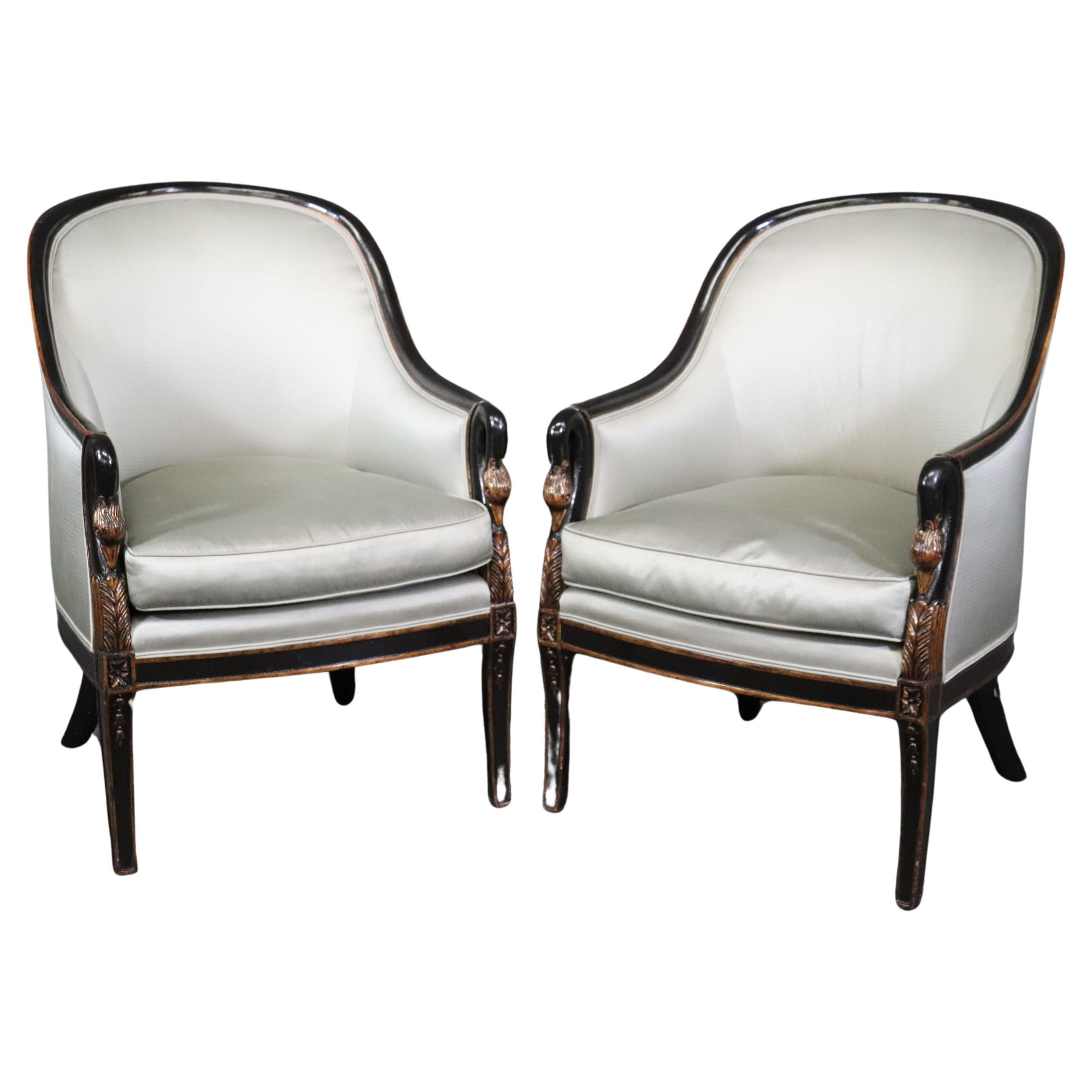 Pair of French Regency Style Ebonized Swan Bergeres Armchairs